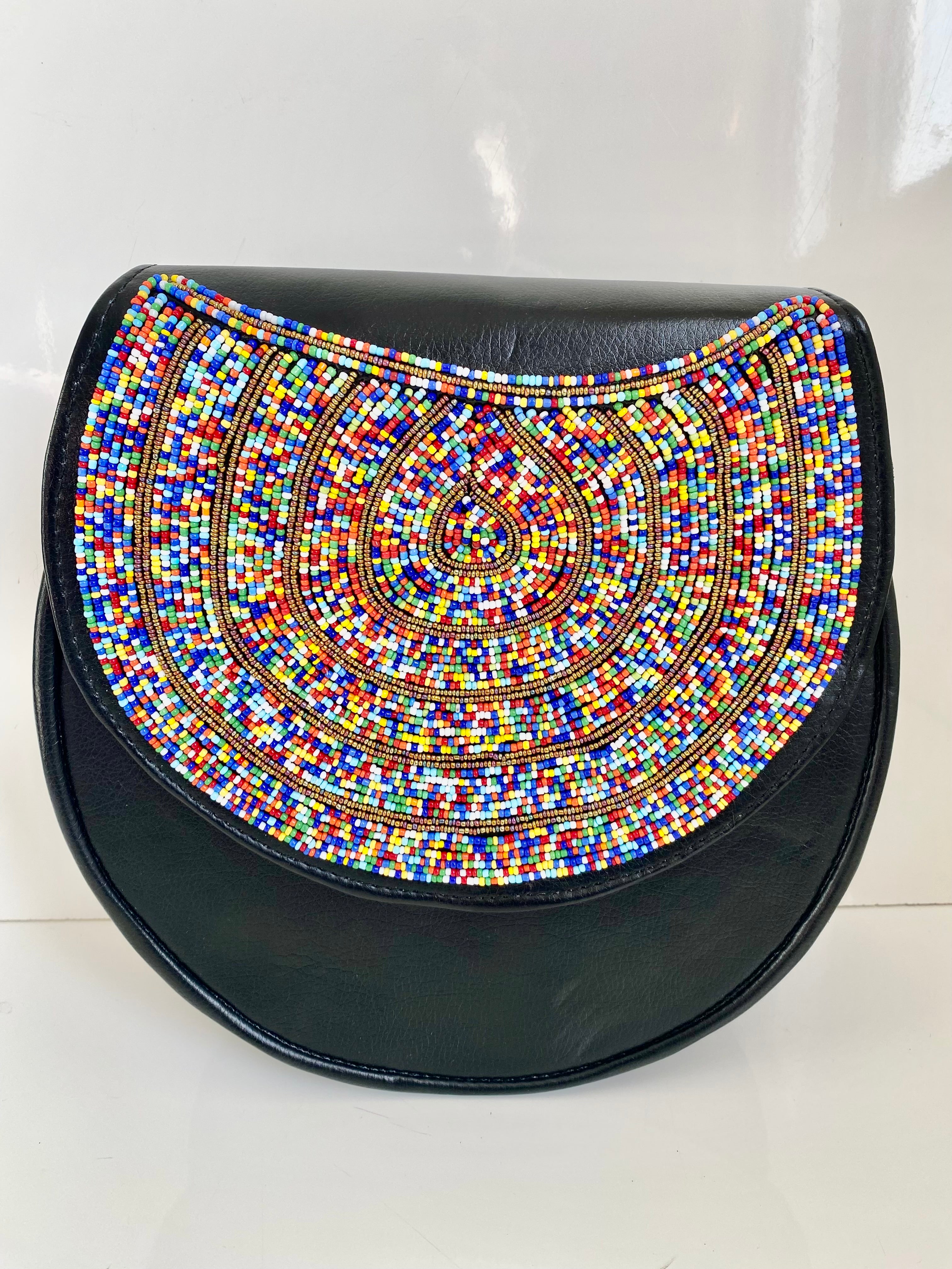 Handmade Black Beaded Leather Crossbody Bag