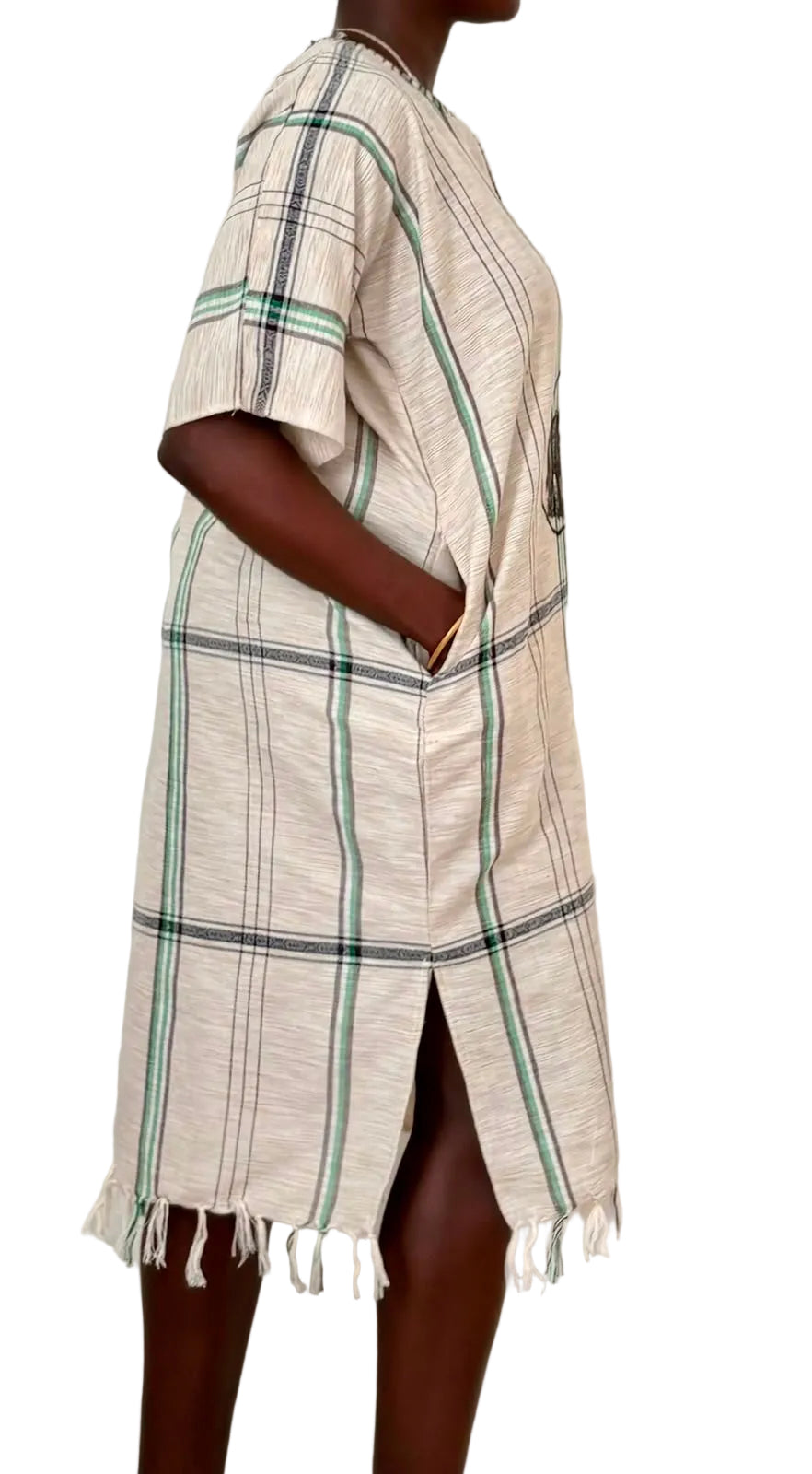 African Safari Kaftan Dress – Cream & Green