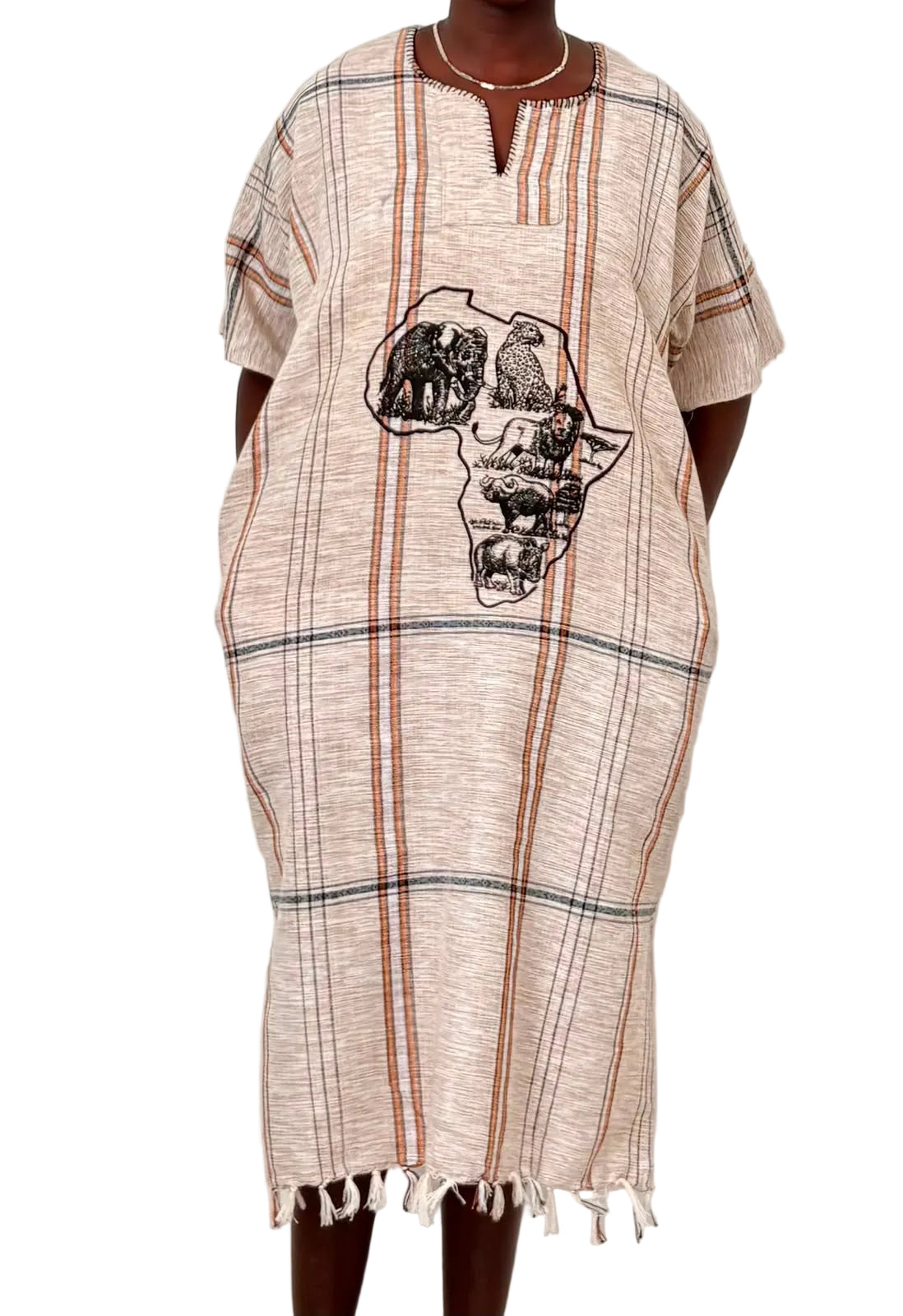 African Wildlife Maxi Dress – Beige & Orange