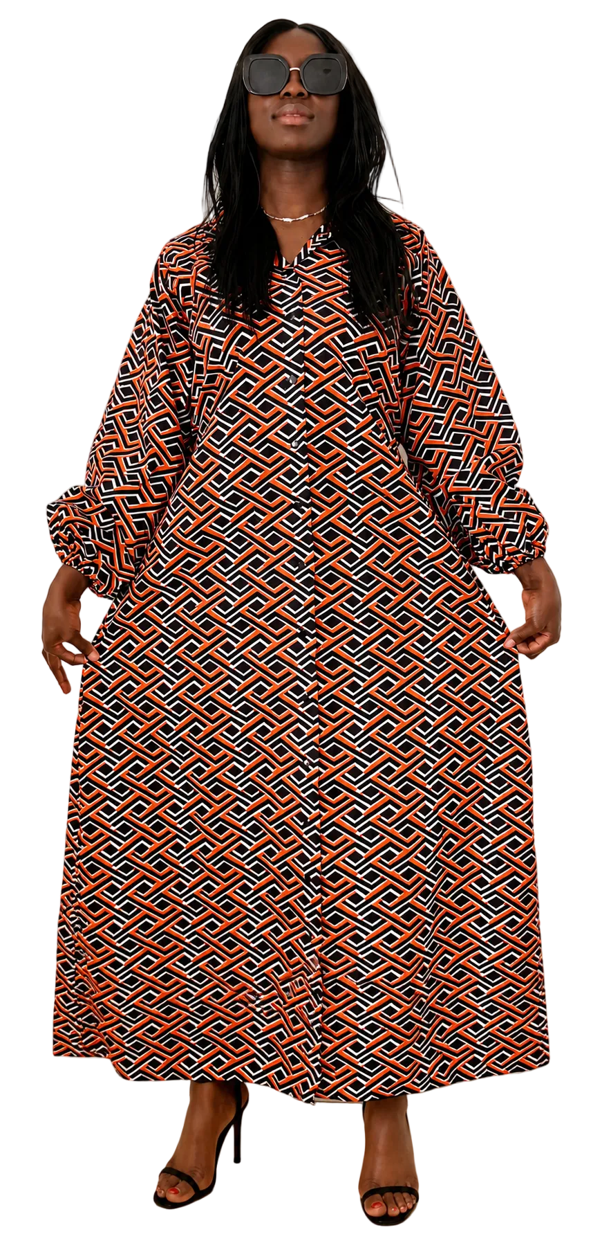 Elegant Geometric African Print Maxi Dress – Orange, Black & White
