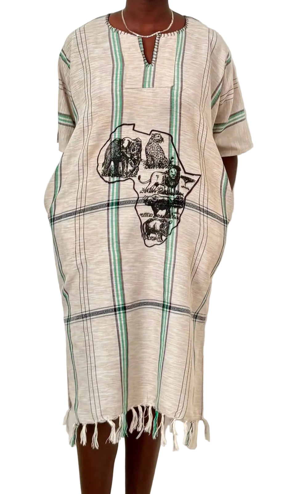 African Safari Kaftan Dress – Cream & Green