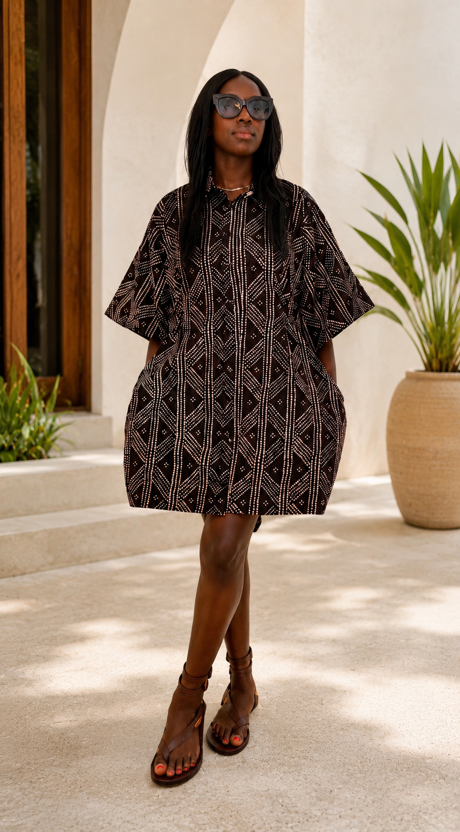 African Mud Cloth Pocket Dress – Brown & Black