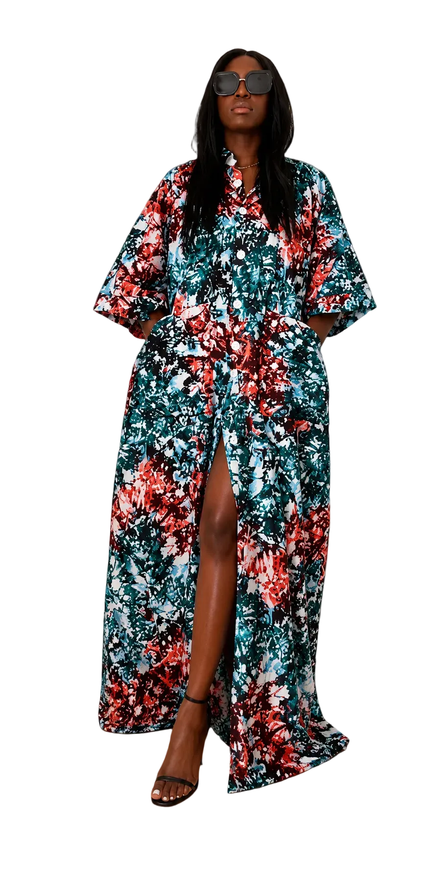 Emerald Splash Button-Front Maxi Dress