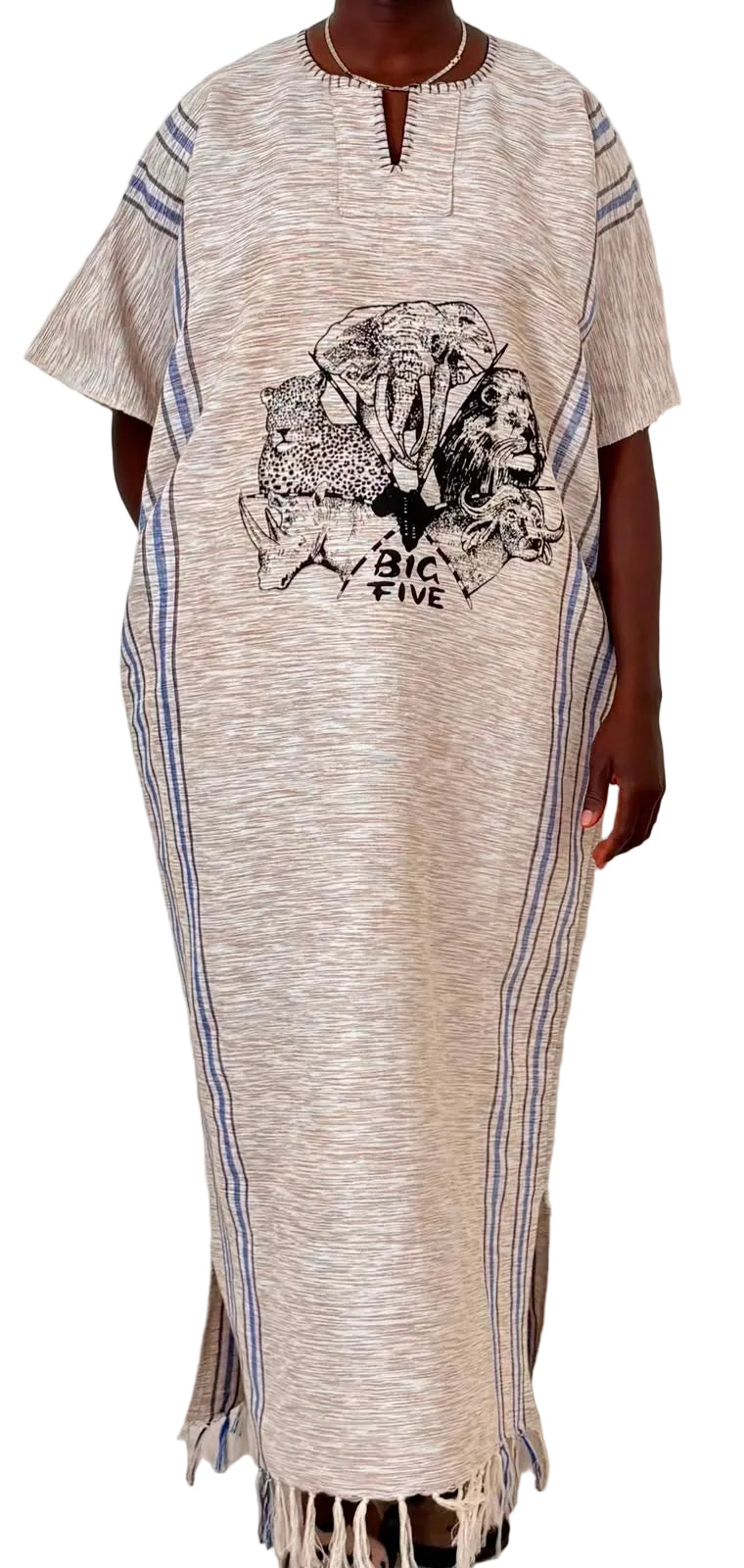 African Big Five Safari Kaftan Dress – Cream & Blue