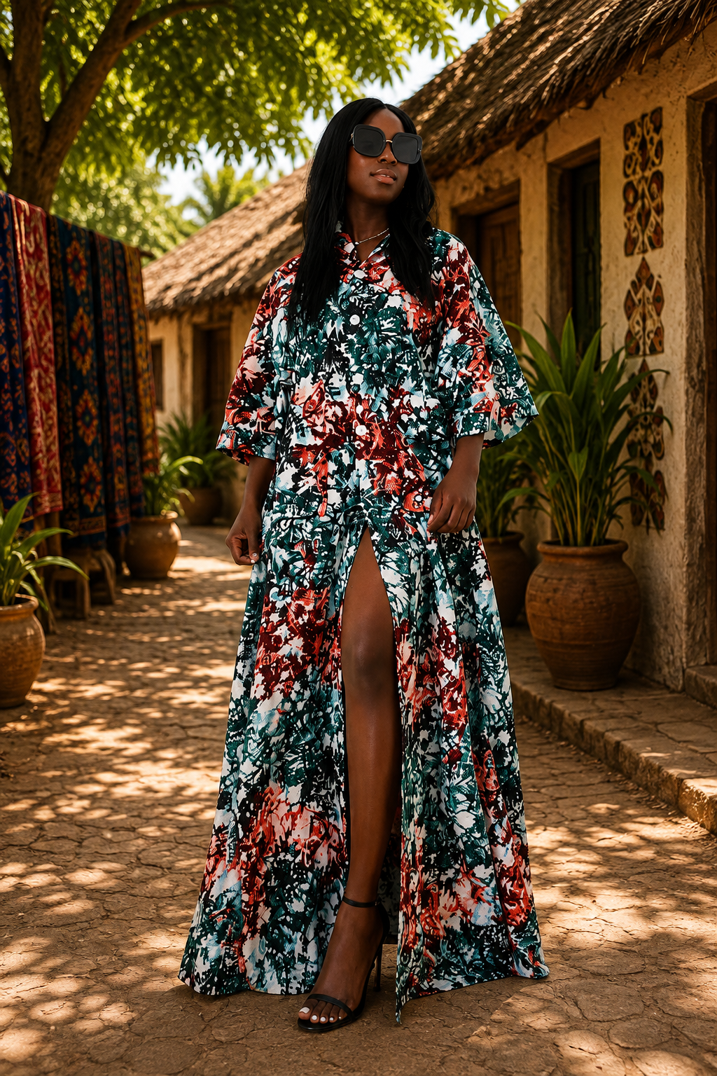Emerald Splash Button-Front Maxi Dress