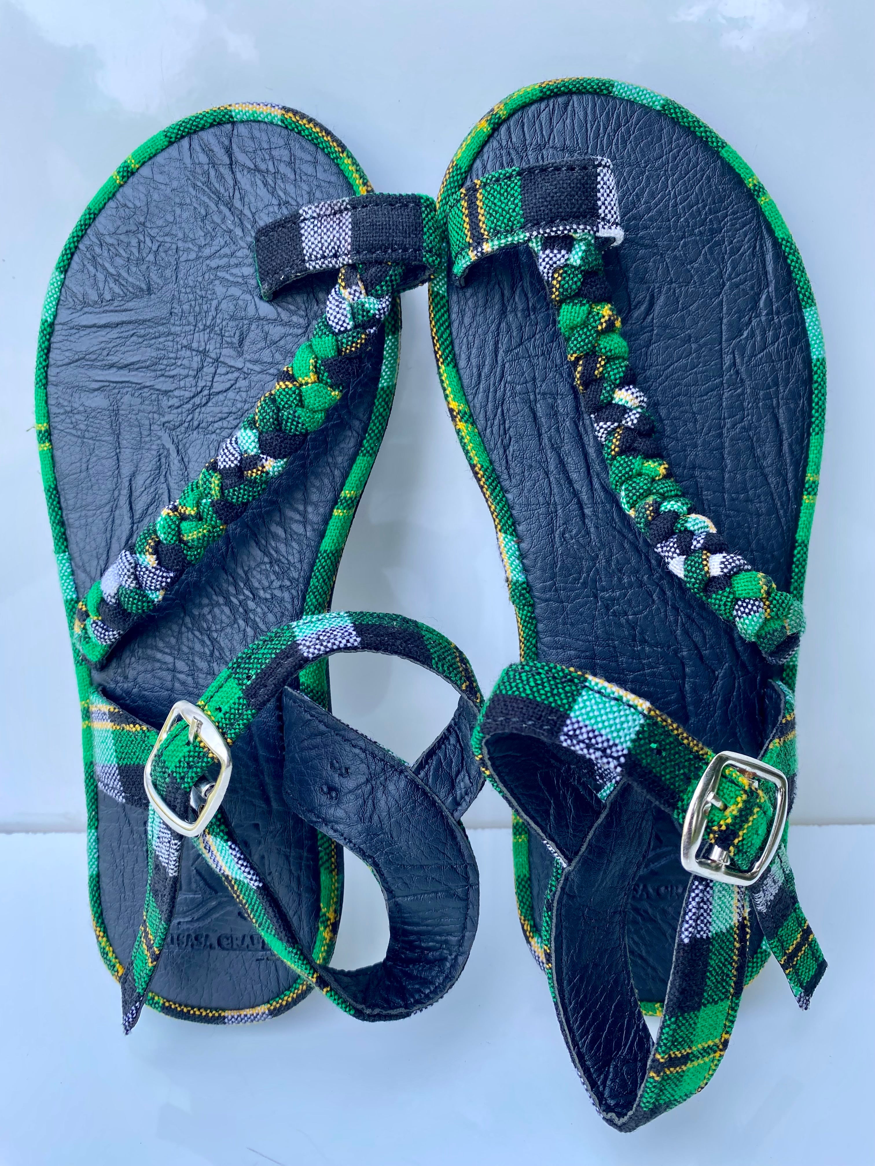 Women’s Handmade Leather Sandals – Green Woven Strap