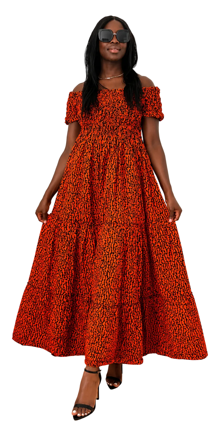 Sunset Glow Ankara Off-Shoulder Maxi Dress