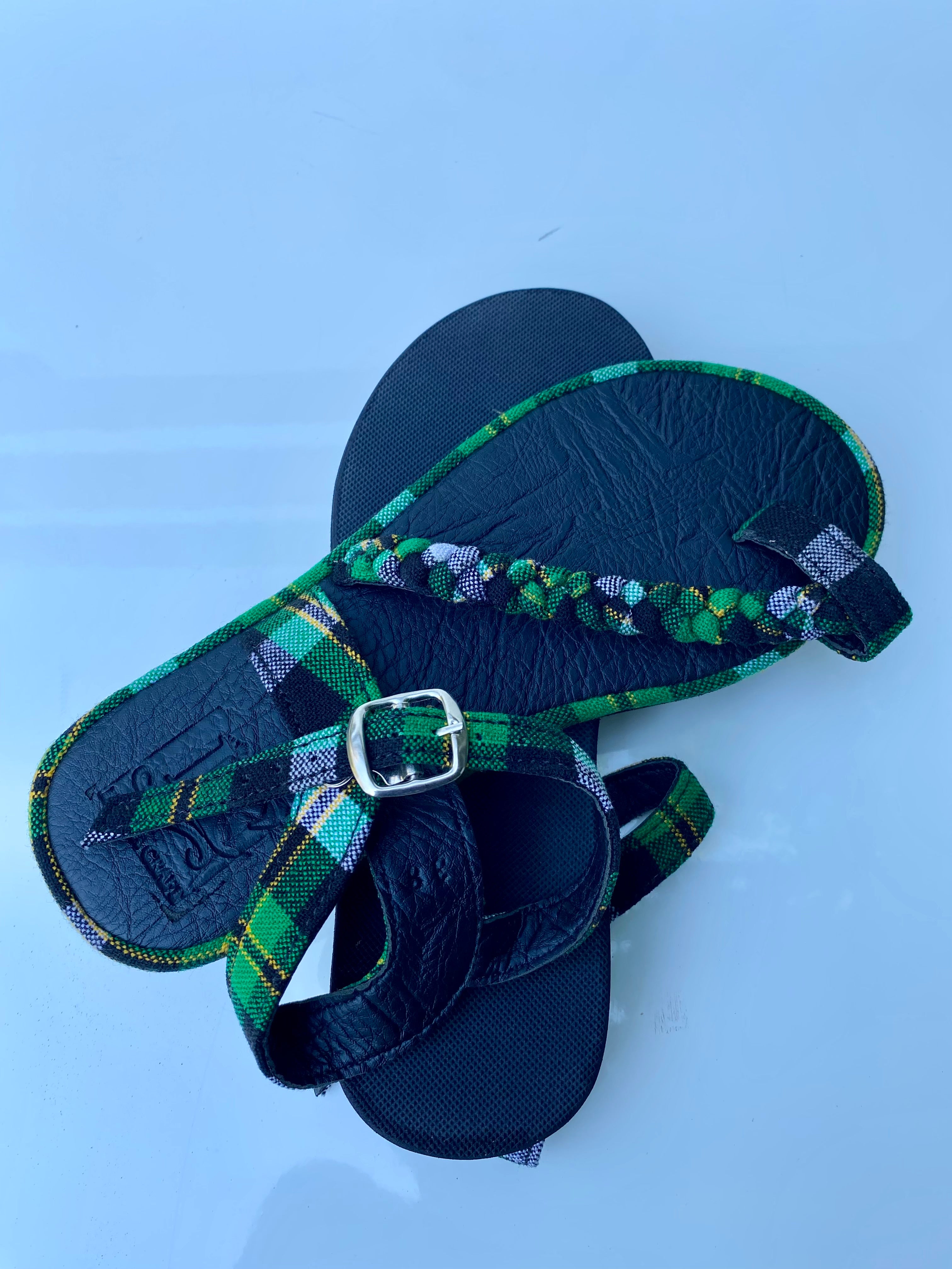 Women’s Handmade Leather Sandals – Green Woven Strap