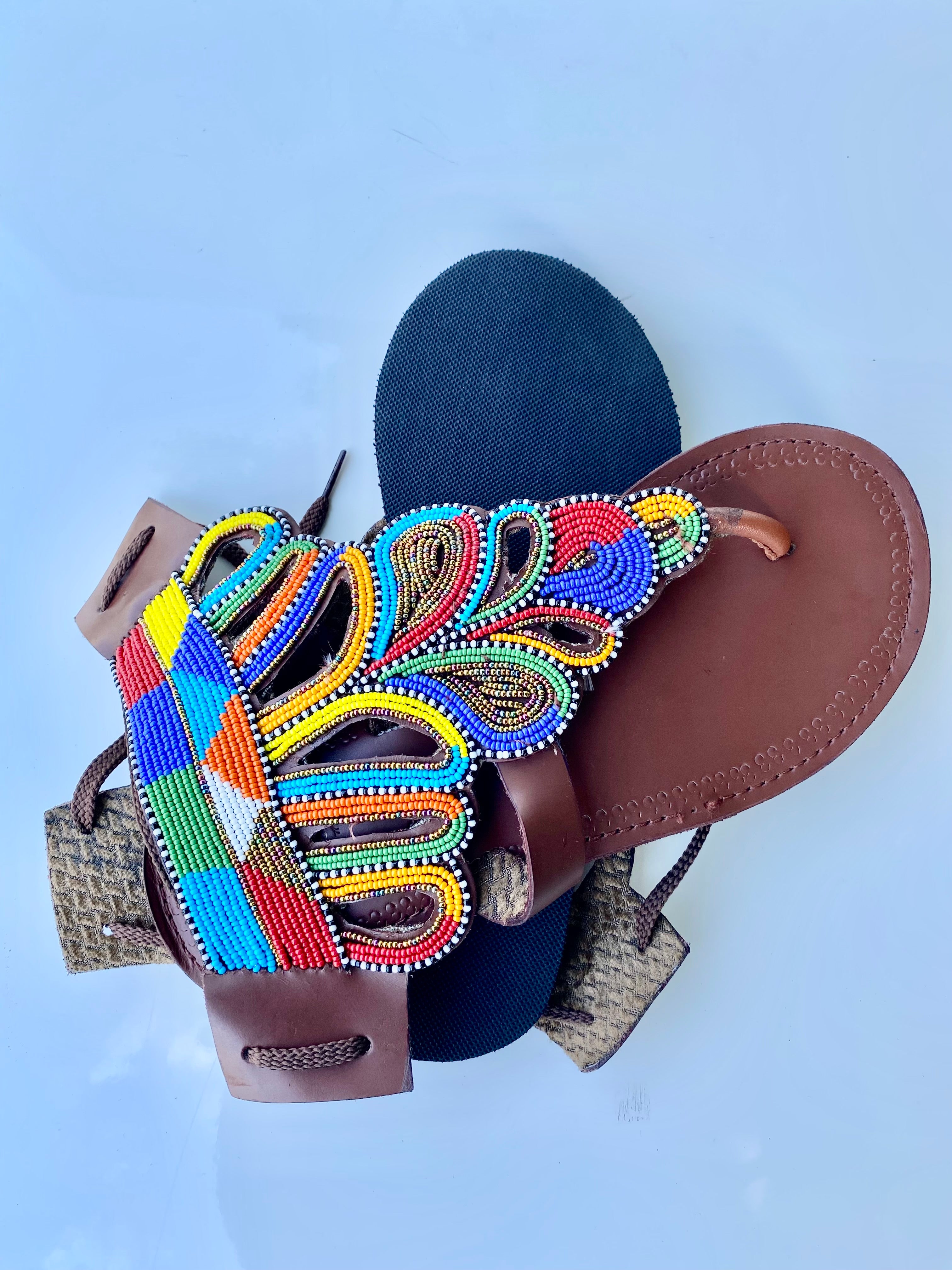 Handmade Maasai Beaded Leather Sandals – Rainbow Fan Design