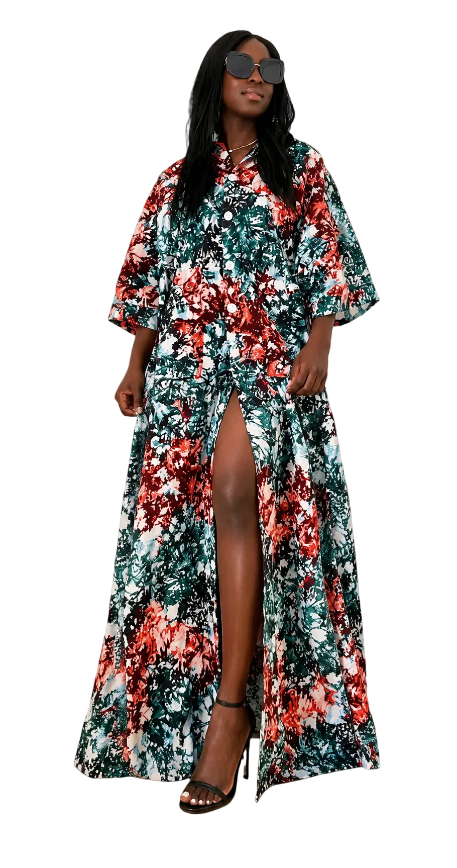 Emerald Splash Button-Front Maxi Dress