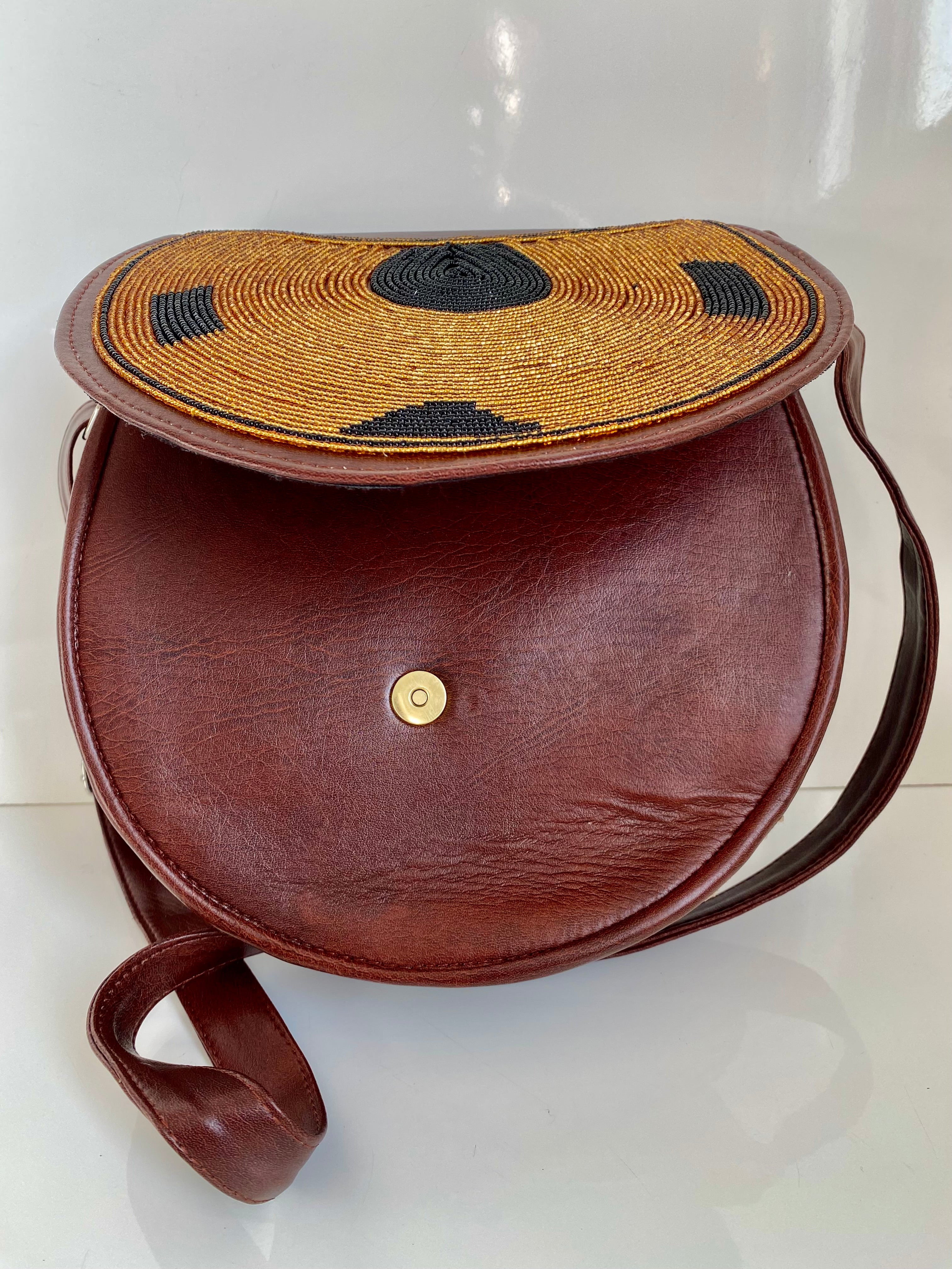 Handmade Beaded Leather Crossbody Bag – Brown