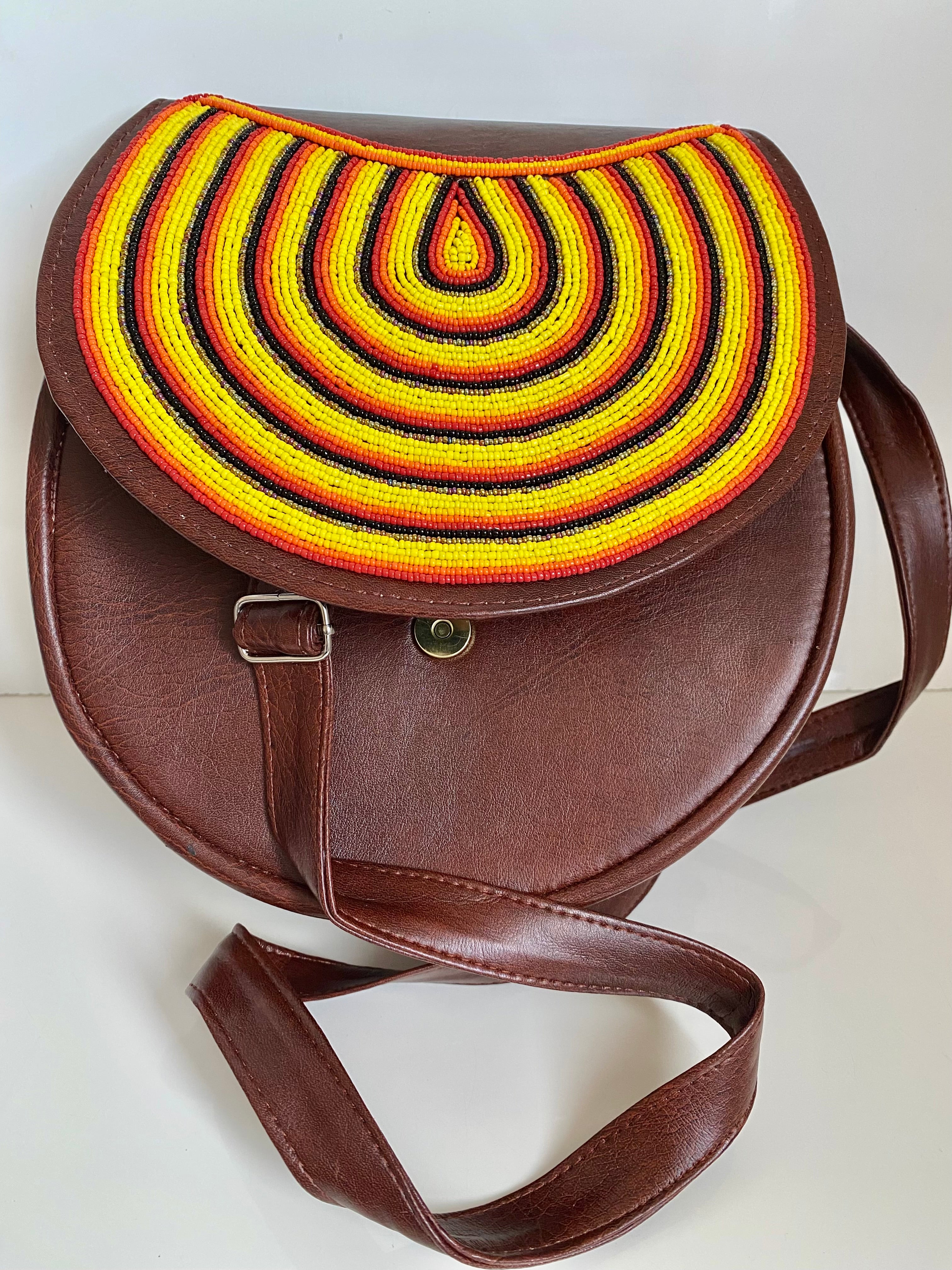 Handcrafted African Beaded Leather Crossbody Bag – Brown Sunrise