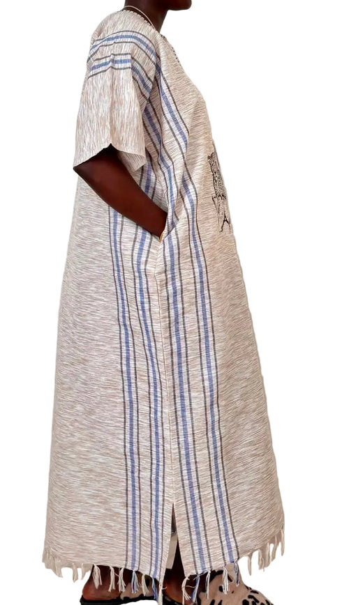 African Big Five Safari Kaftan Dress – Cream & Blue