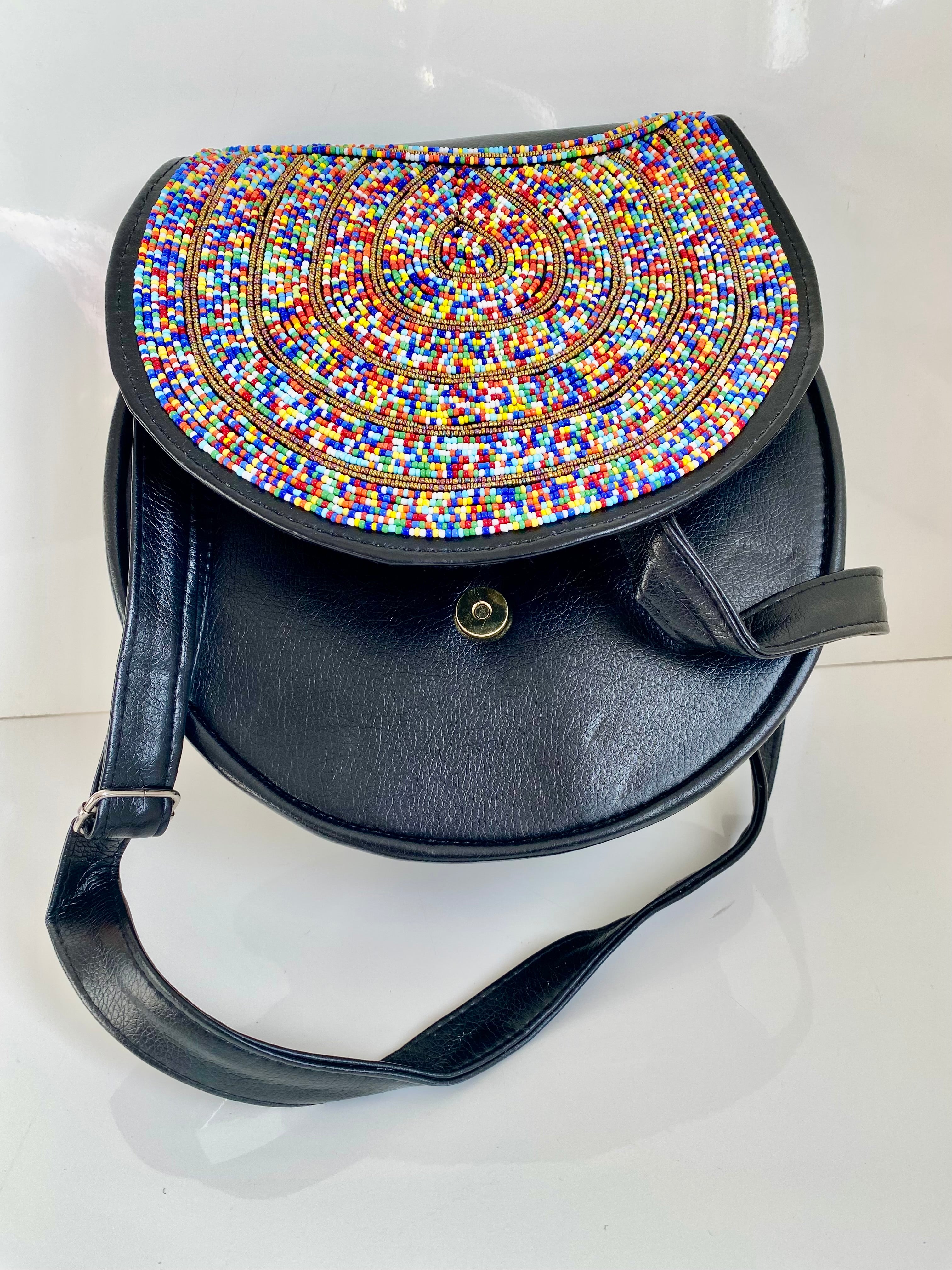 Handmade Black Beaded Leather Crossbody Bag