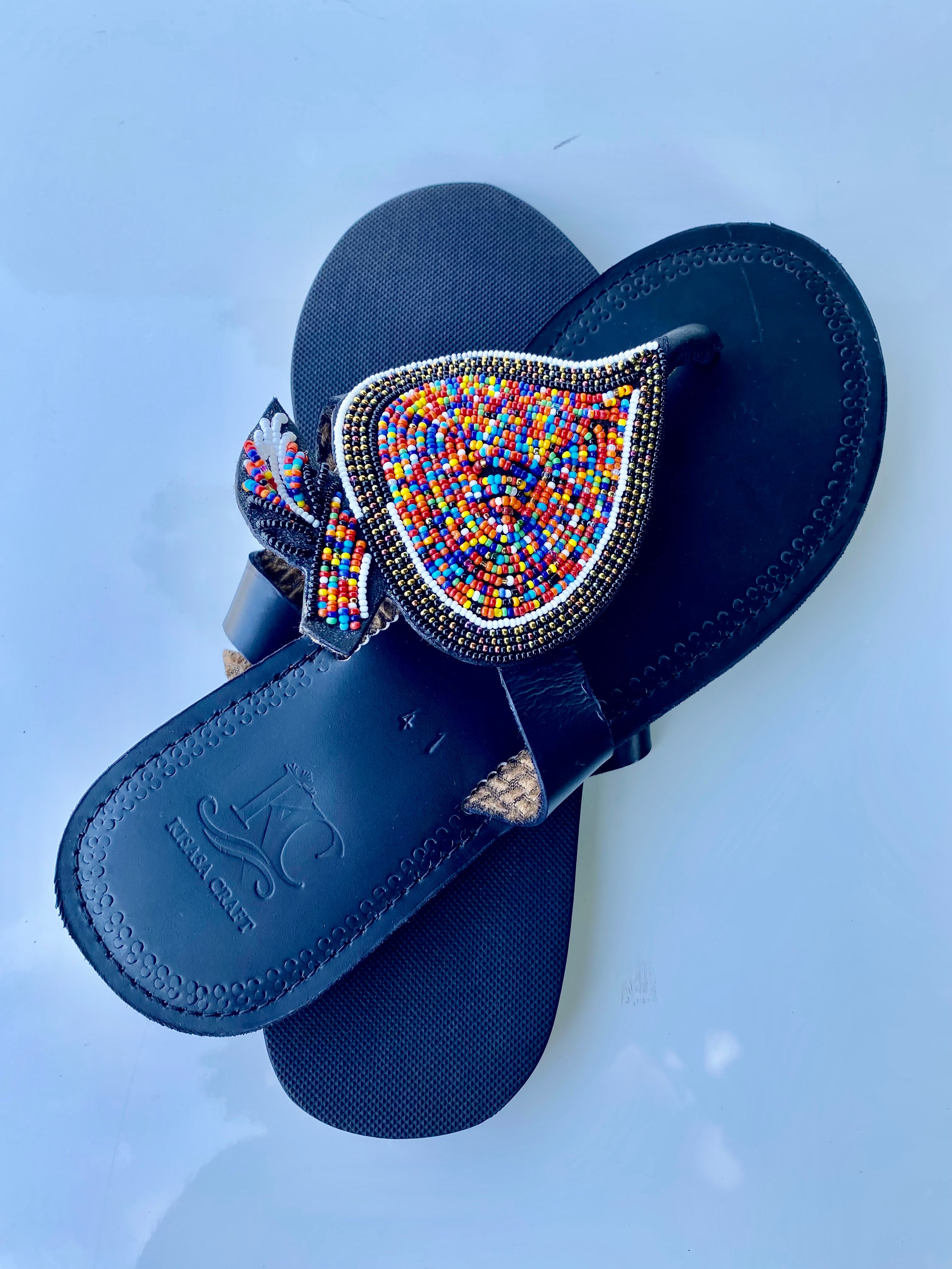 Handmade Maasai Beaded Leather Sandals – Multicolor Shield Design