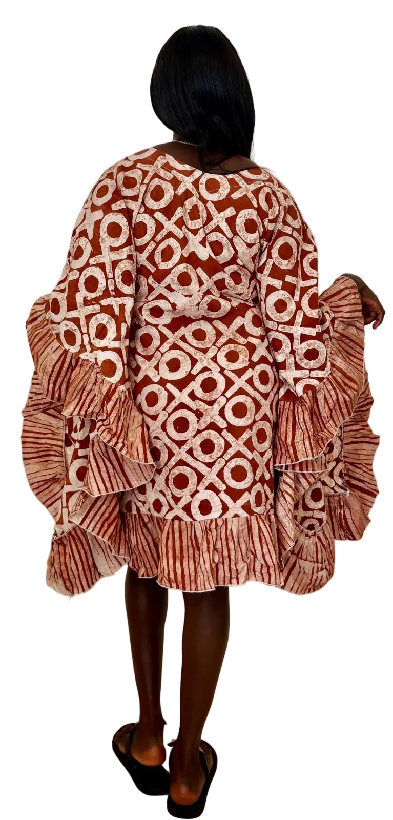 Elegant Ankara Ruffle Dress – Terracotta Pattern