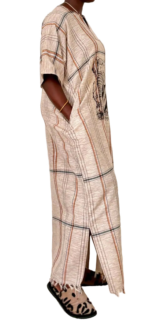 African Elephant Print Maxi Kaftan Dress – One of a Kind