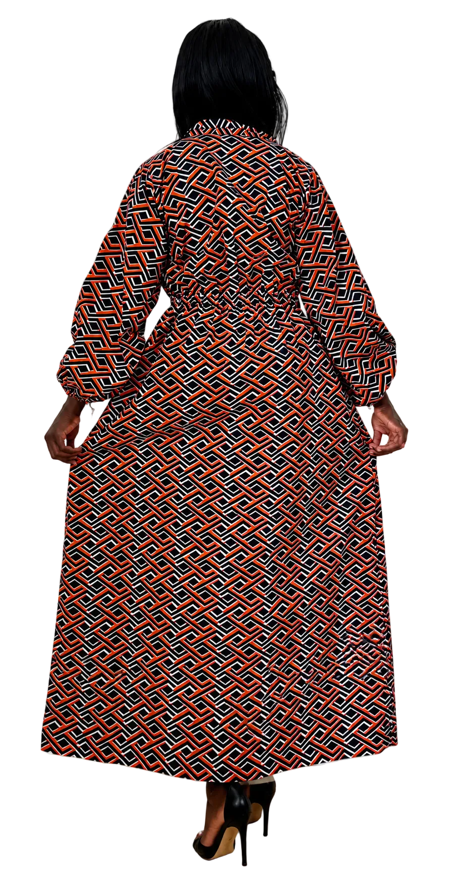 Elegant Geometric African Print Maxi Dress – Orange, Black & White