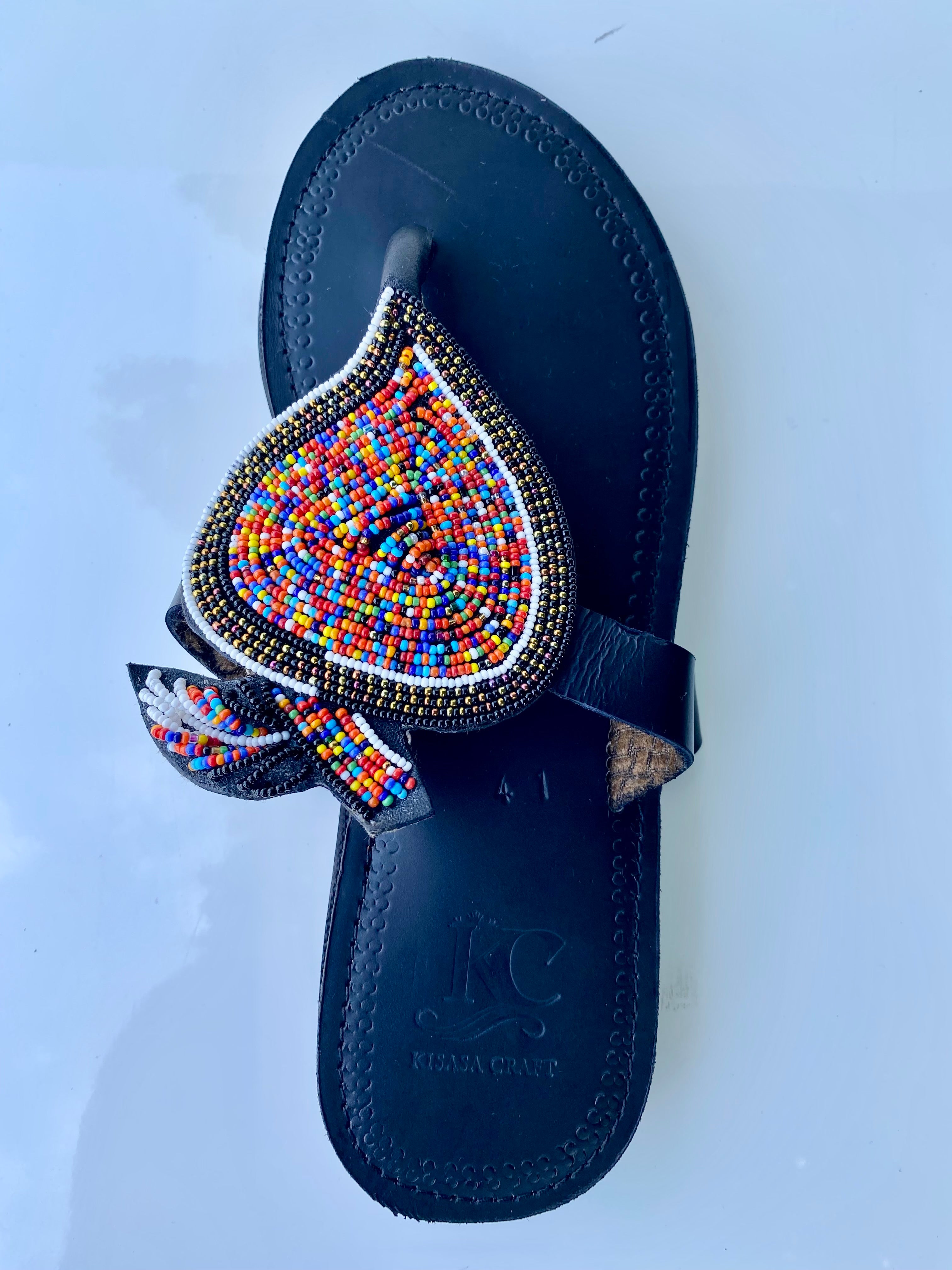 Handmade Maasai Beaded Leather Sandals – Multicolor Shield Design