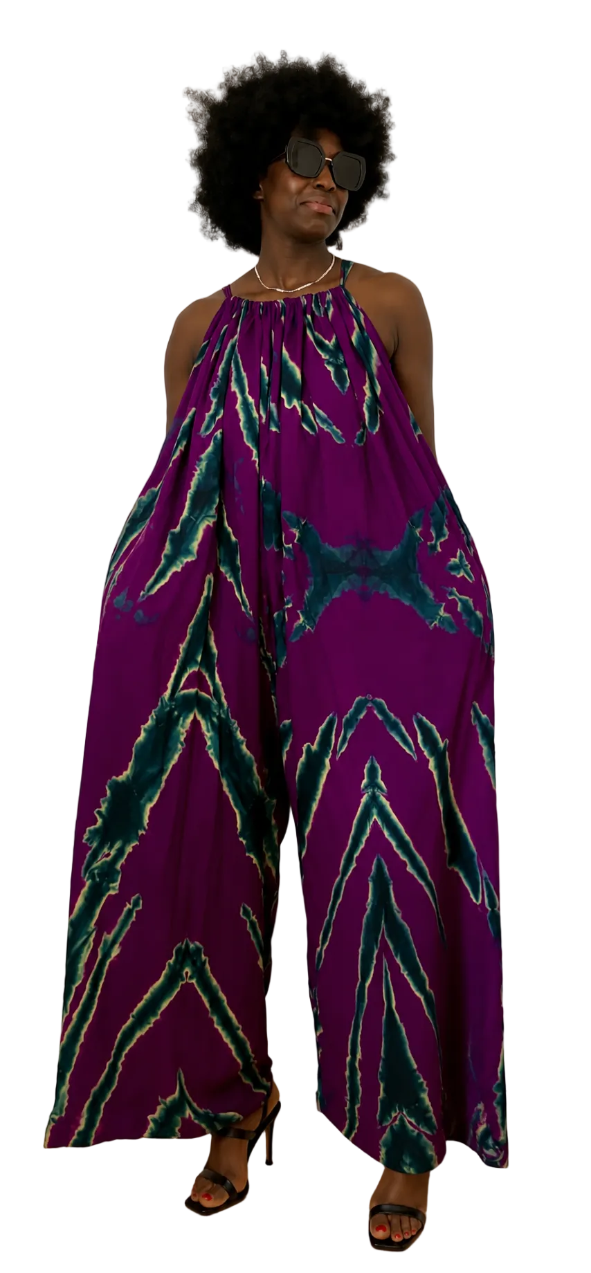 Purple African Print Maxi Jumpsuit Dress with Pockets