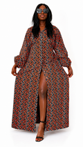 Elegant Geometric African Print Maxi Dress – Orange, Black & White