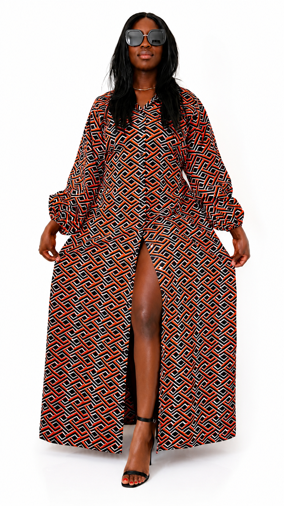 Elegant Geometric African Print Maxi Dress – Orange, Black & White