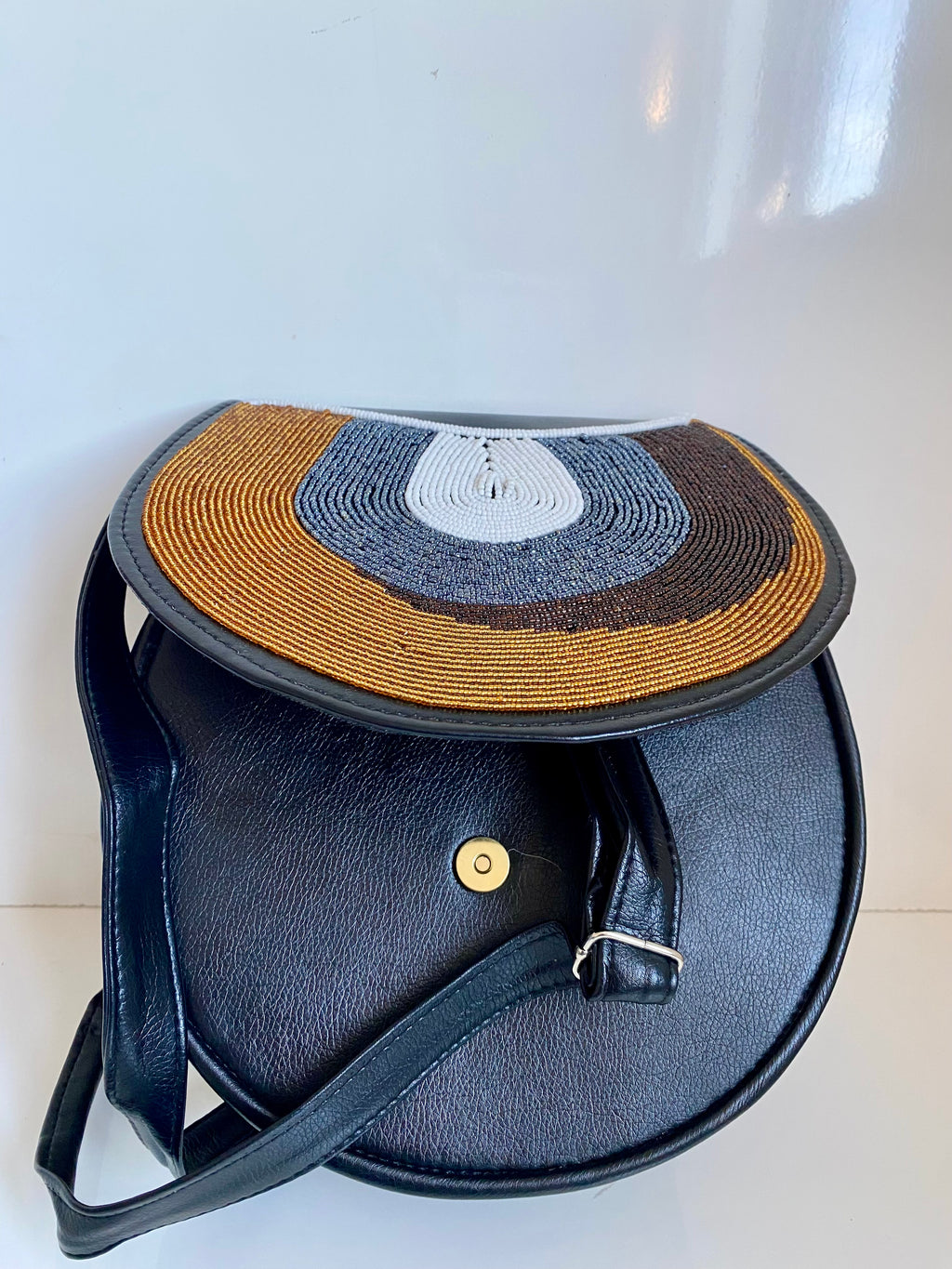 Luxury Handcrafted African Beaded Leather Crossbody Bag – Black & Gold