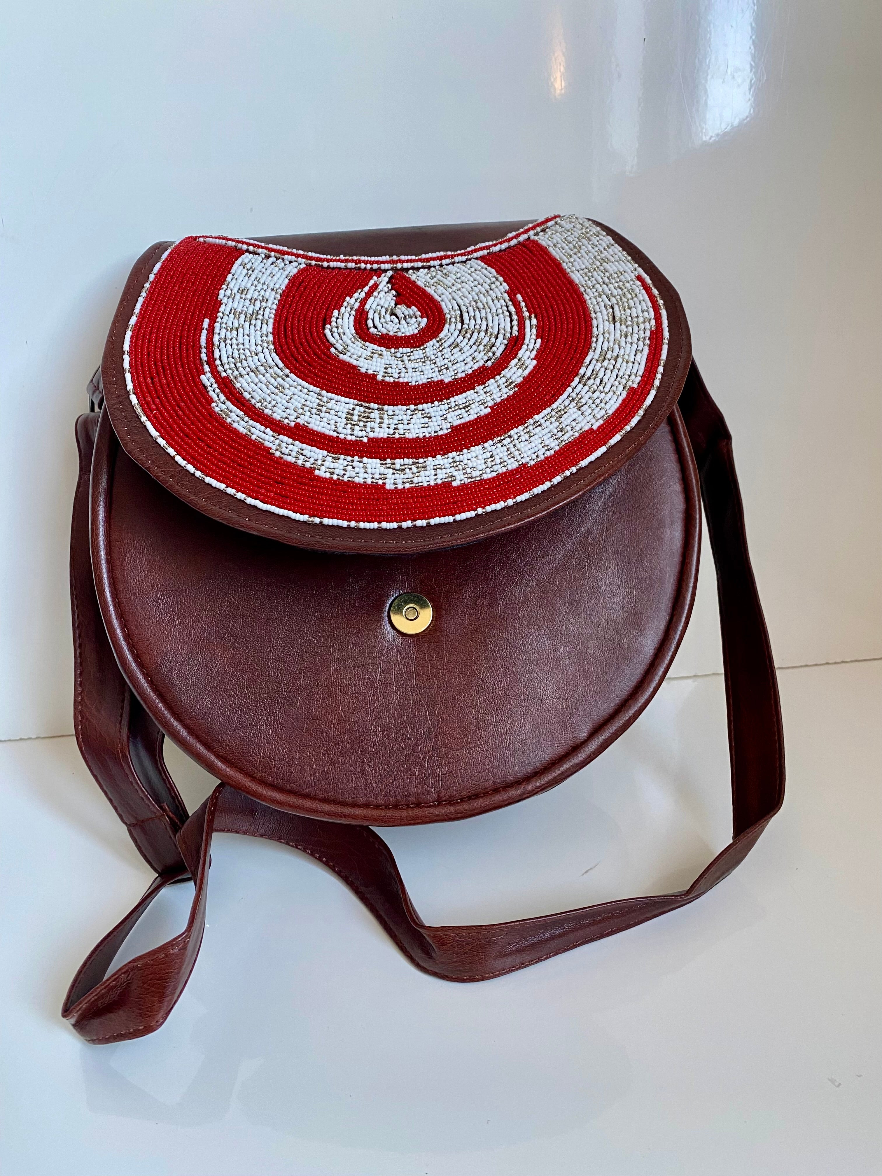 Handcrafted African Beaded Leather Crossbody Bag – Red & White