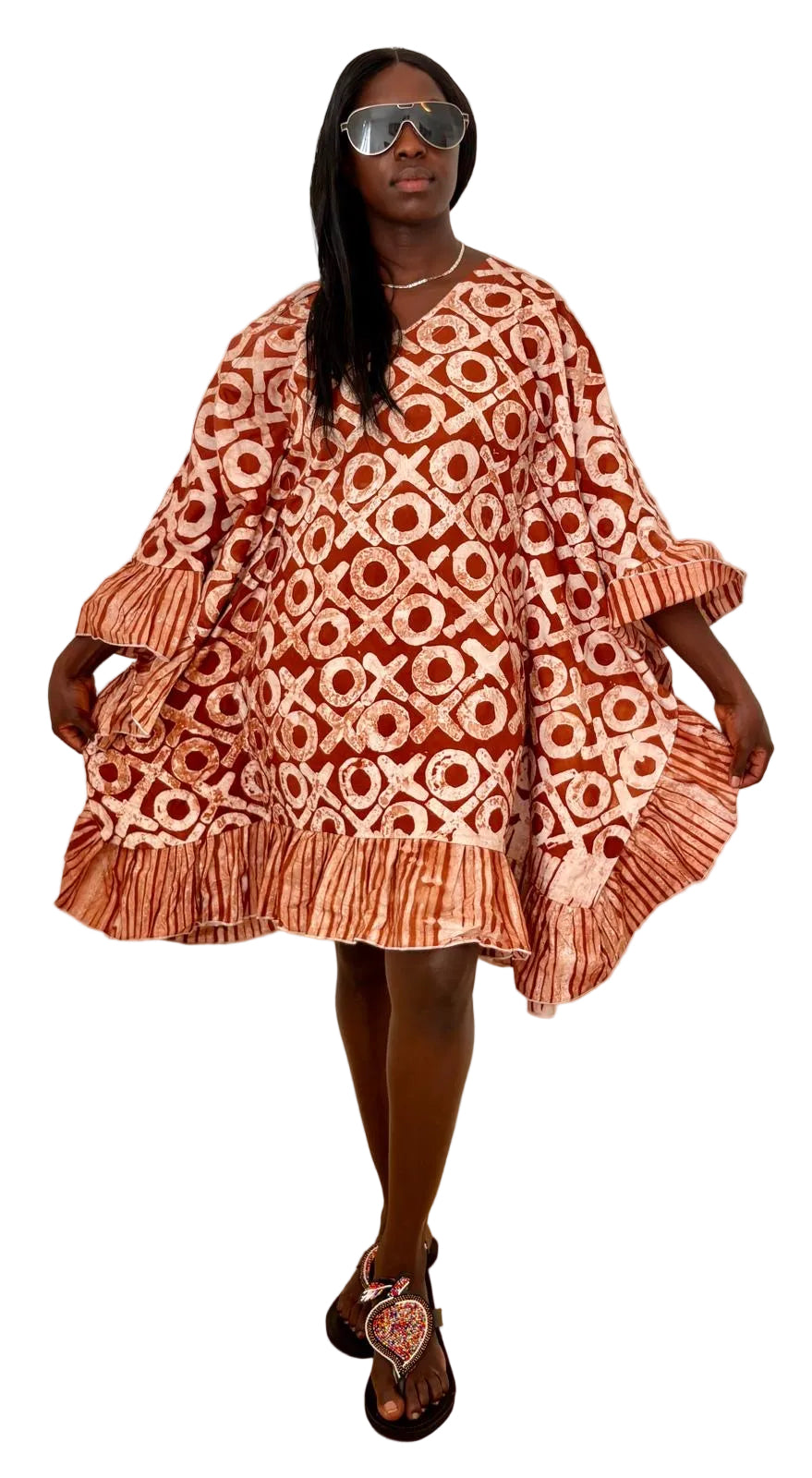 Elegant Ankara Ruffle Dress – Terracotta Pattern