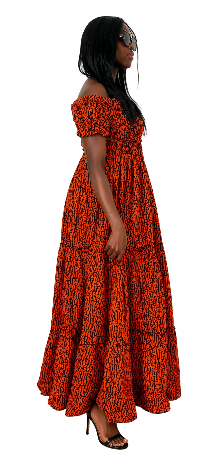 Sunset Glow Ankara Off-Shoulder Maxi Dress