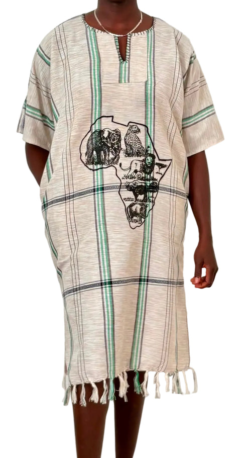 African Safari Kaftan Dress – Cream & Green