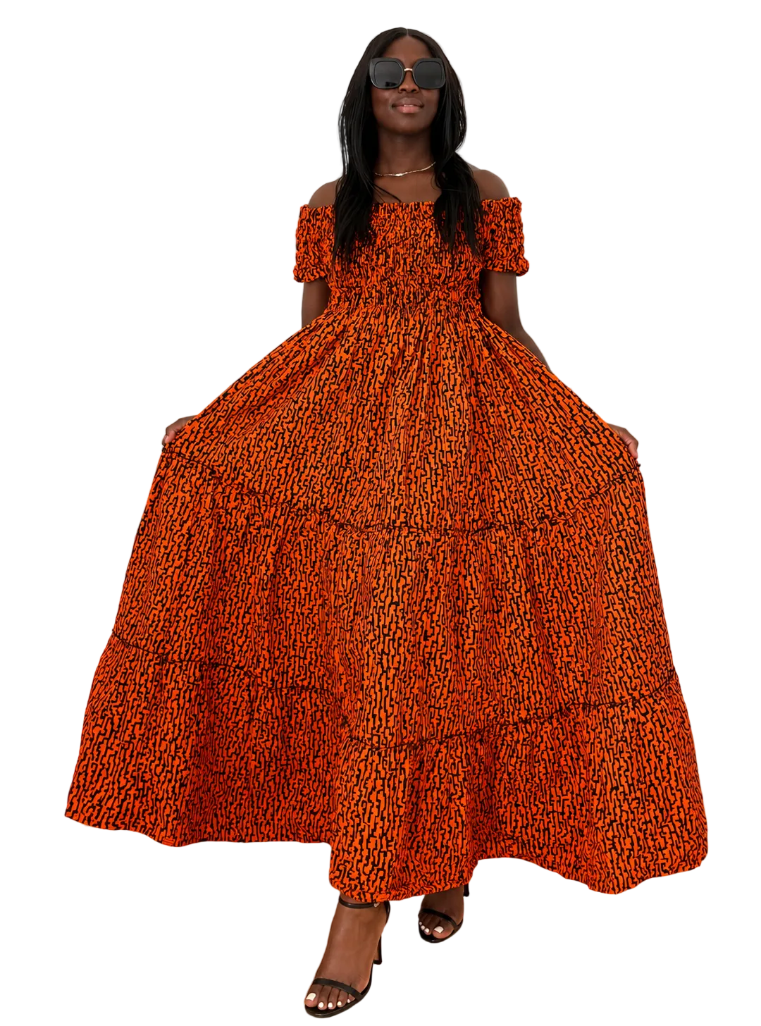 Sunset Glow Ankara Off-Shoulder Maxi Dress