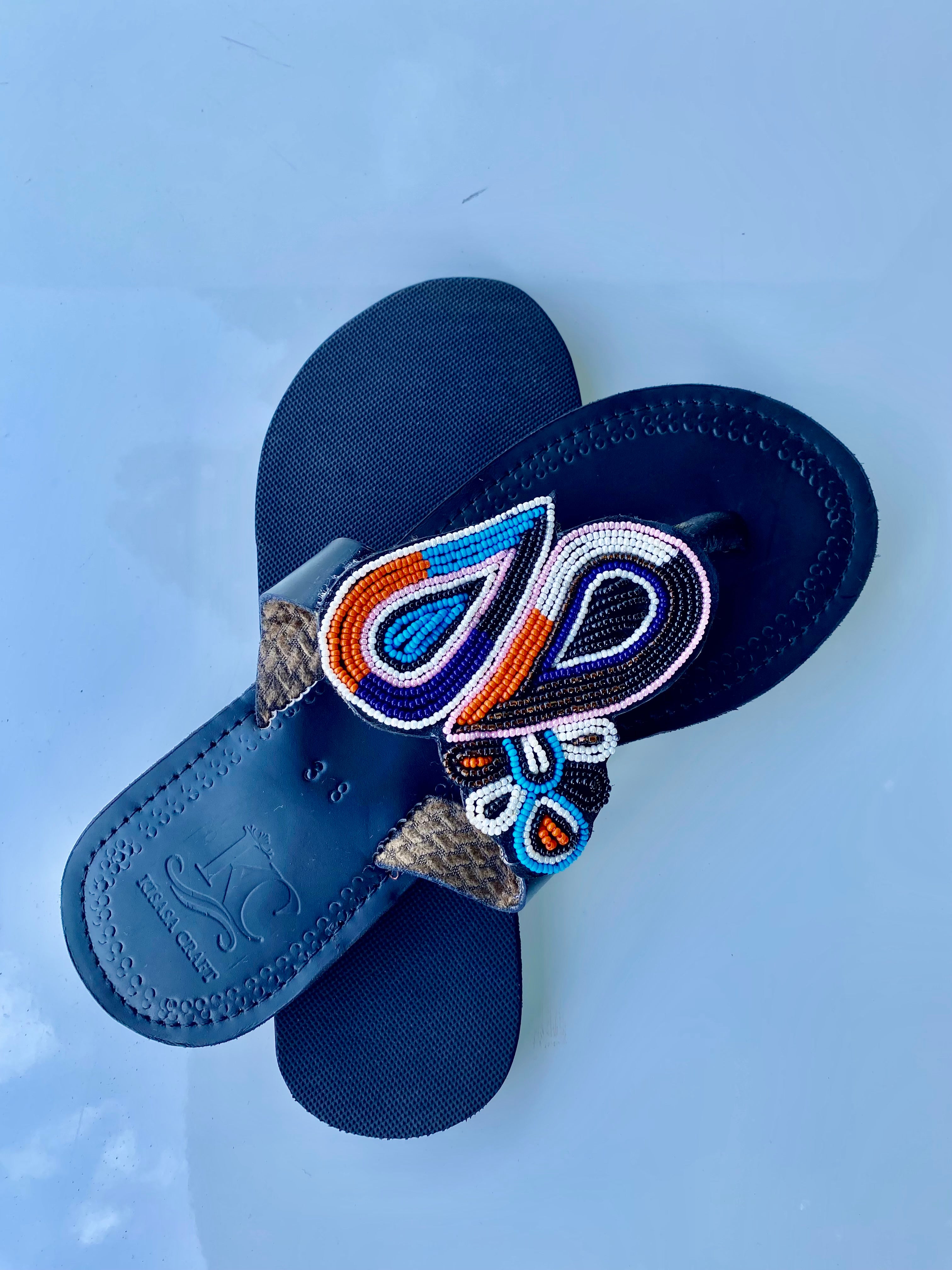 Handmade Maasai Beaded Leather Sandals – Blue & Orange