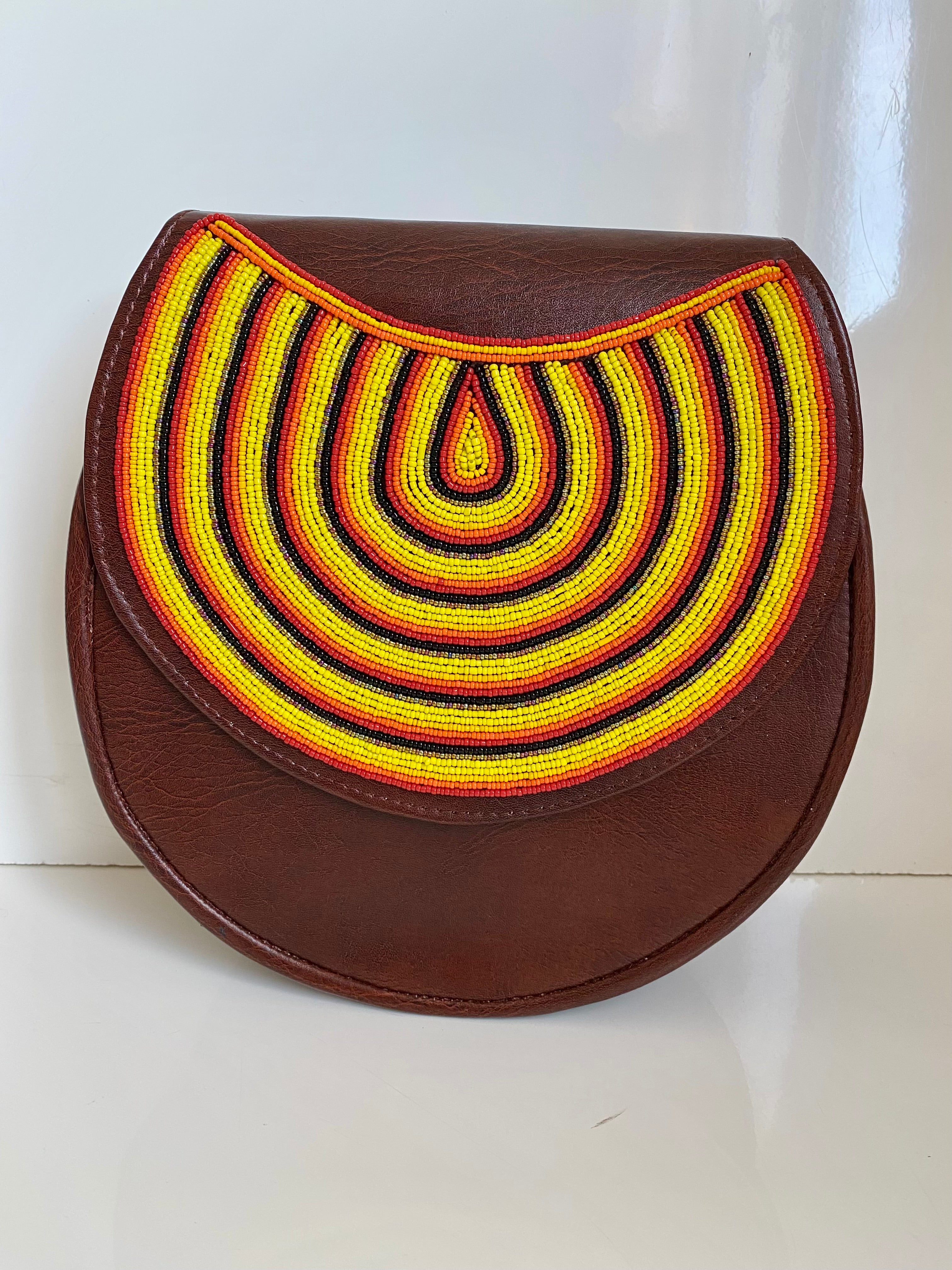 Handcrafted African Beaded Leather Crossbody Bag – Brown Sunrise