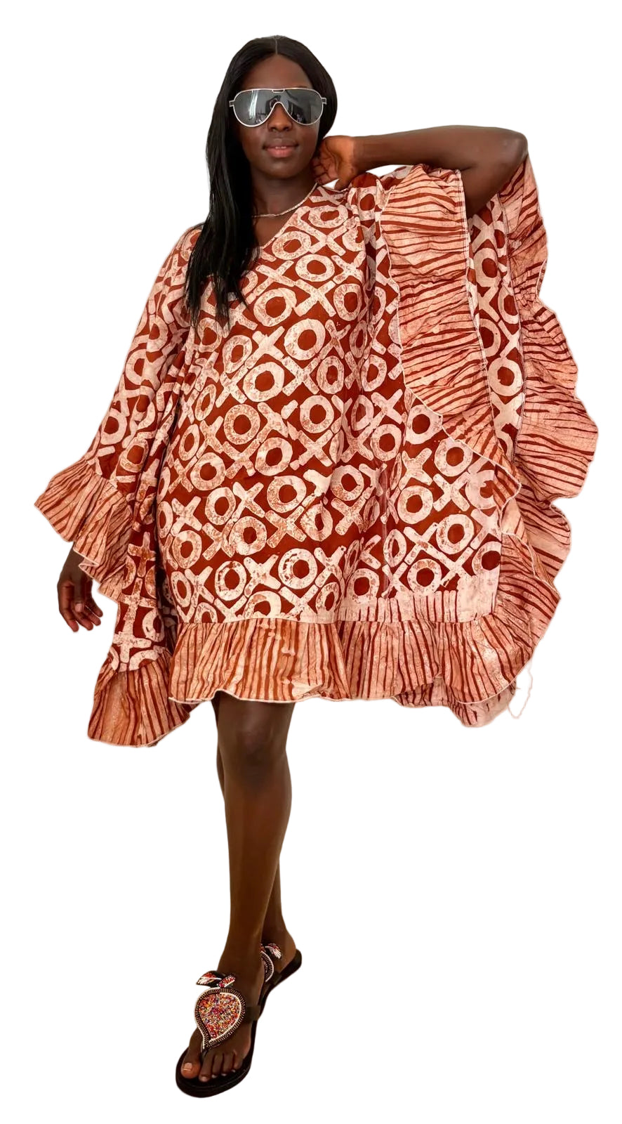 Elegant Ankara Ruffle Dress – Terracotta Pattern