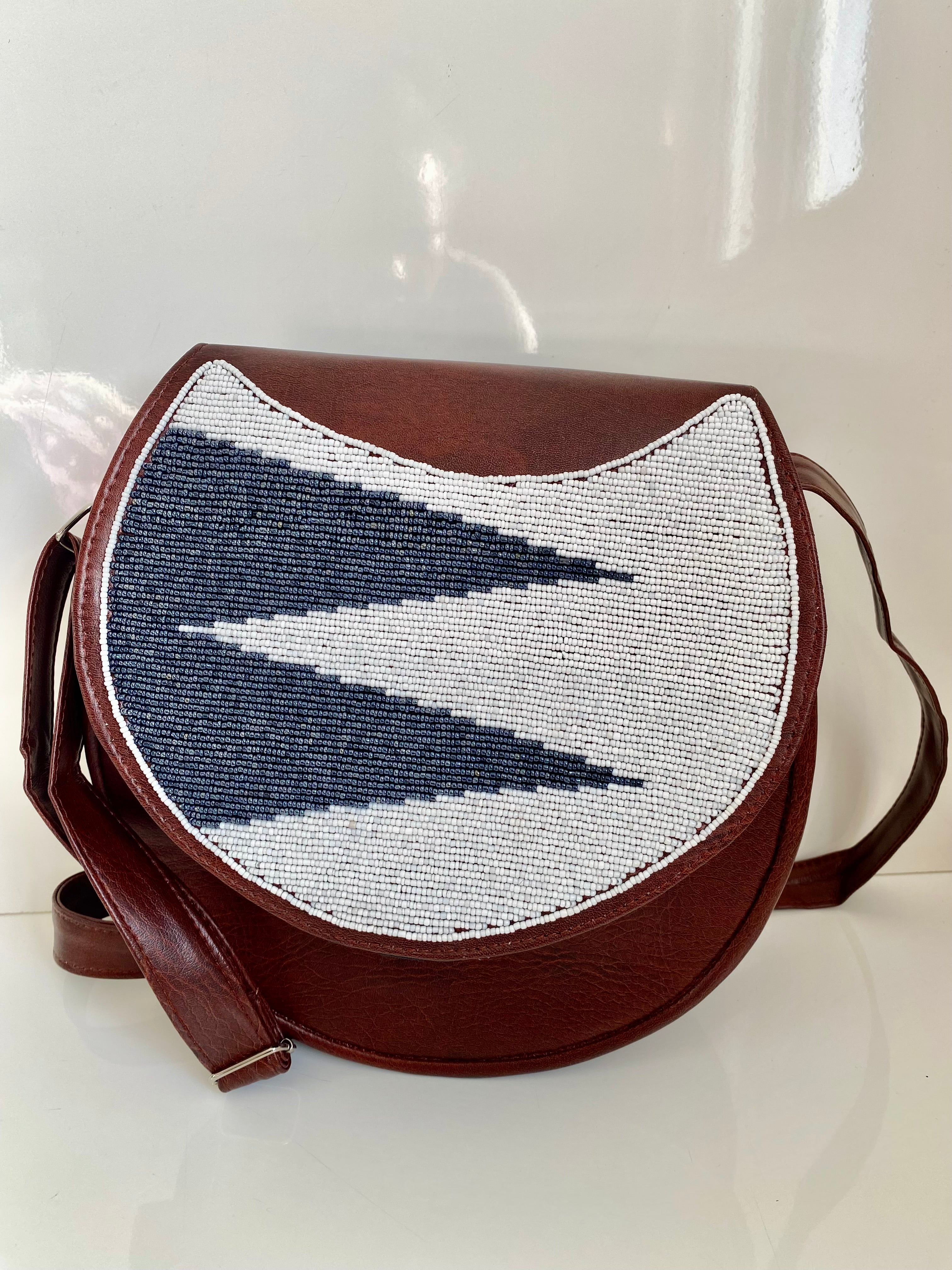 Handcrafted Brown Leather Crossbody Bag with Beaded Flap