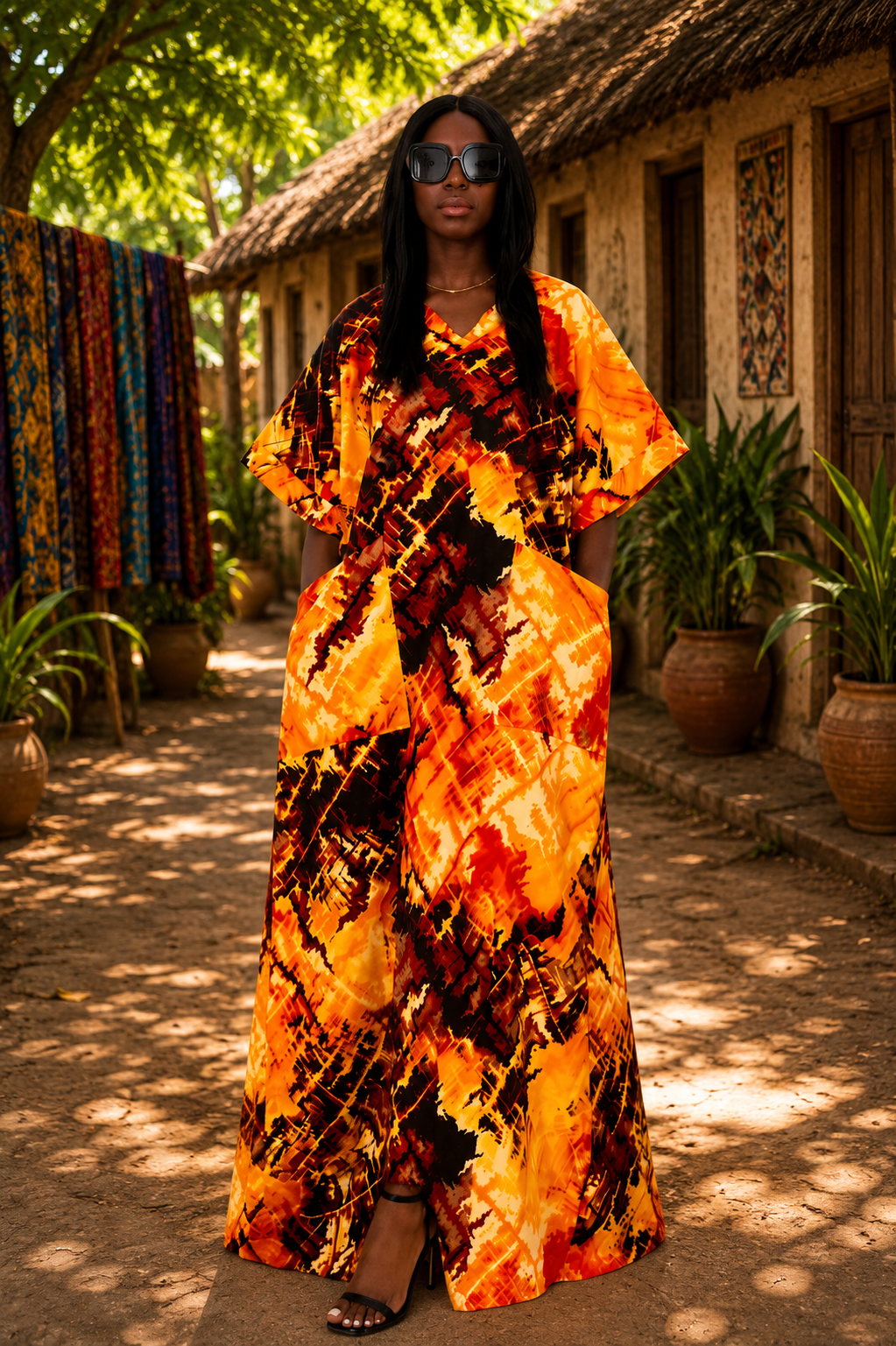 Sunset Glow African Print Pocket Maxi Dress