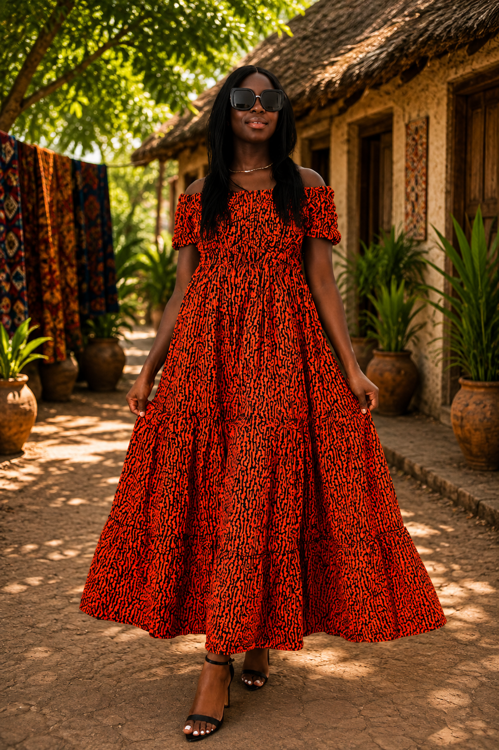 Sunset Glow Ankara Off-Shoulder Maxi Dress