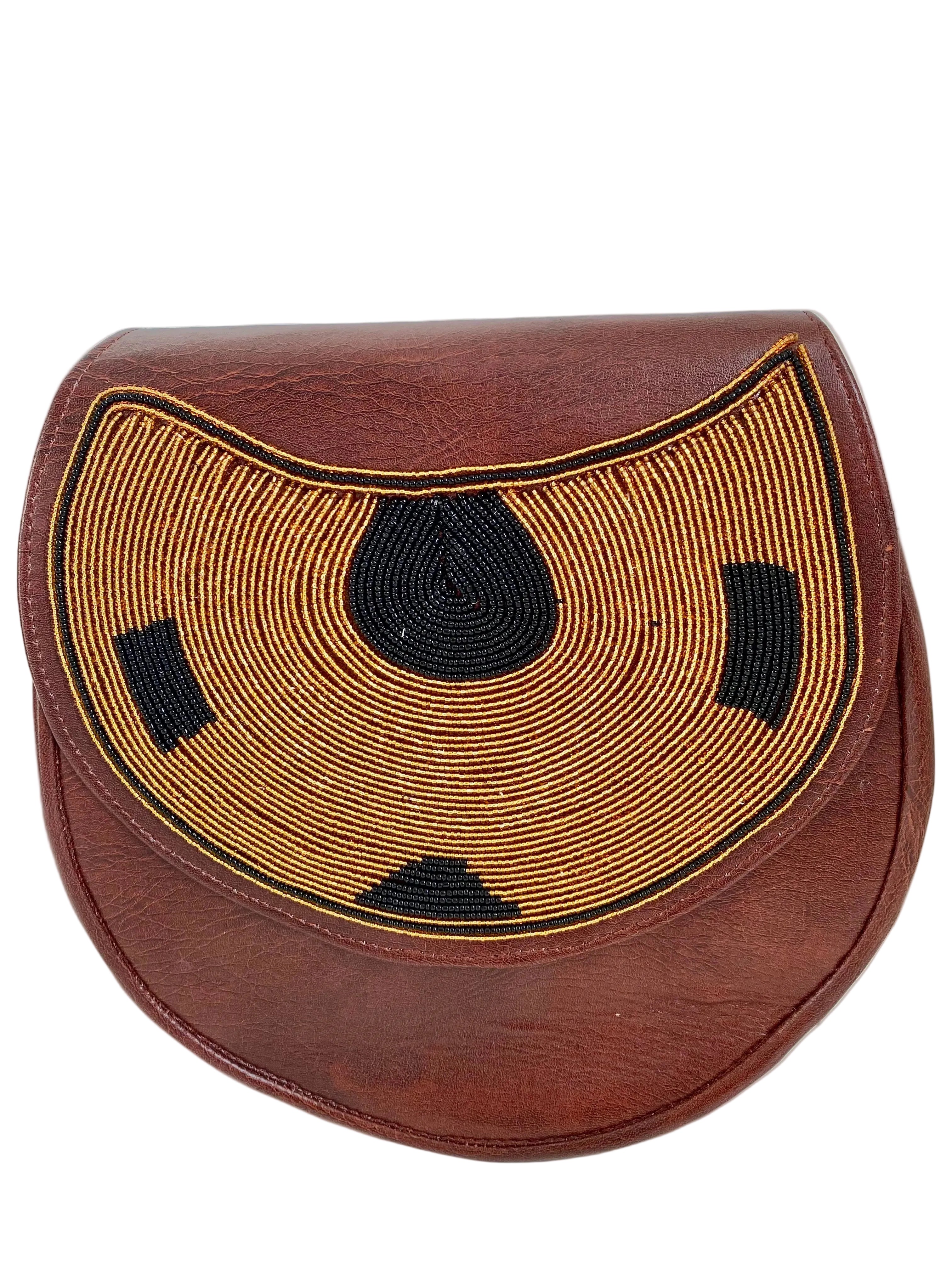 Handmade Beaded Leather Crossbody Bag – Brown