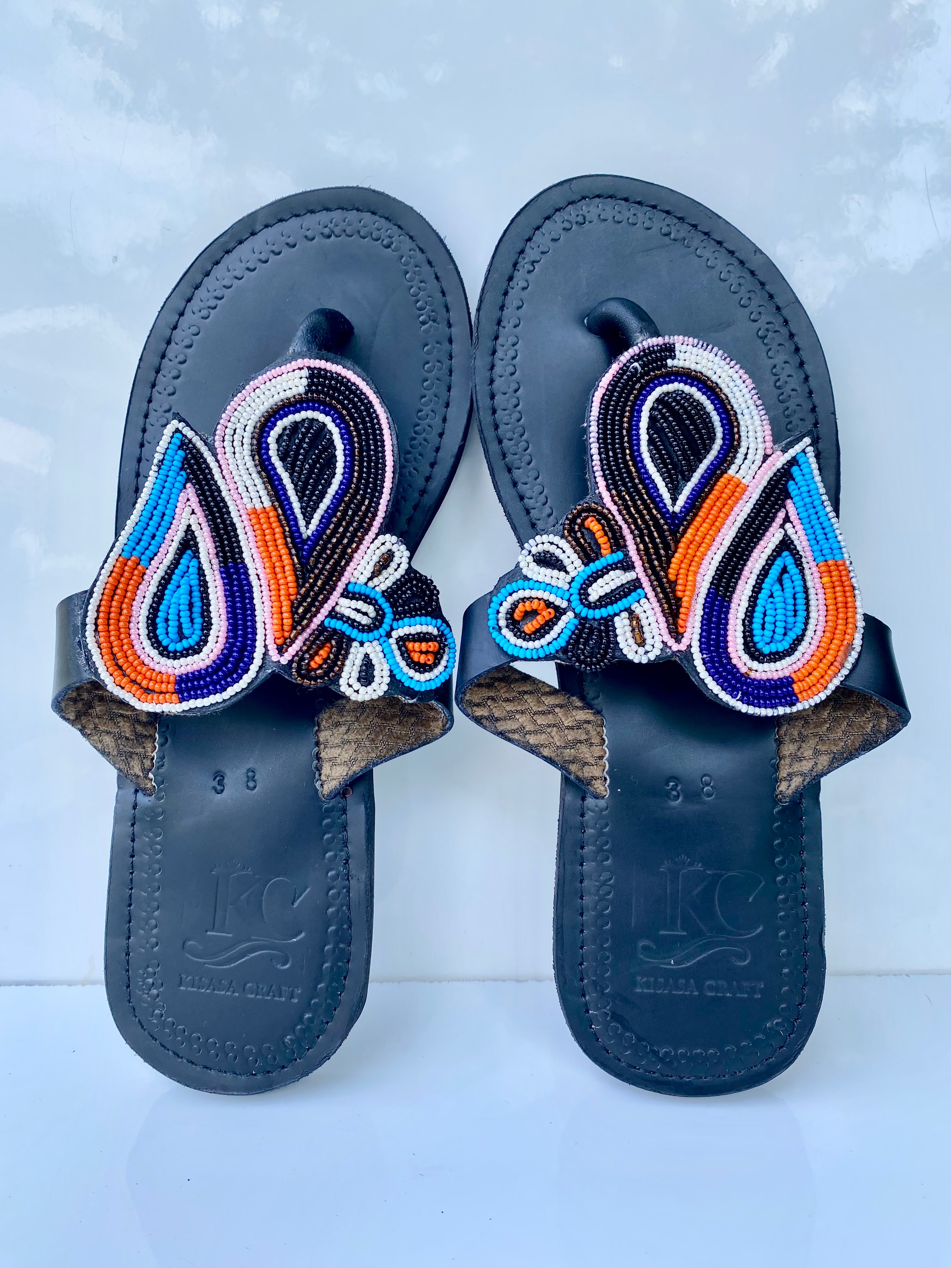 Handmade Maasai Beaded Leather Sandals – Blue & Orange