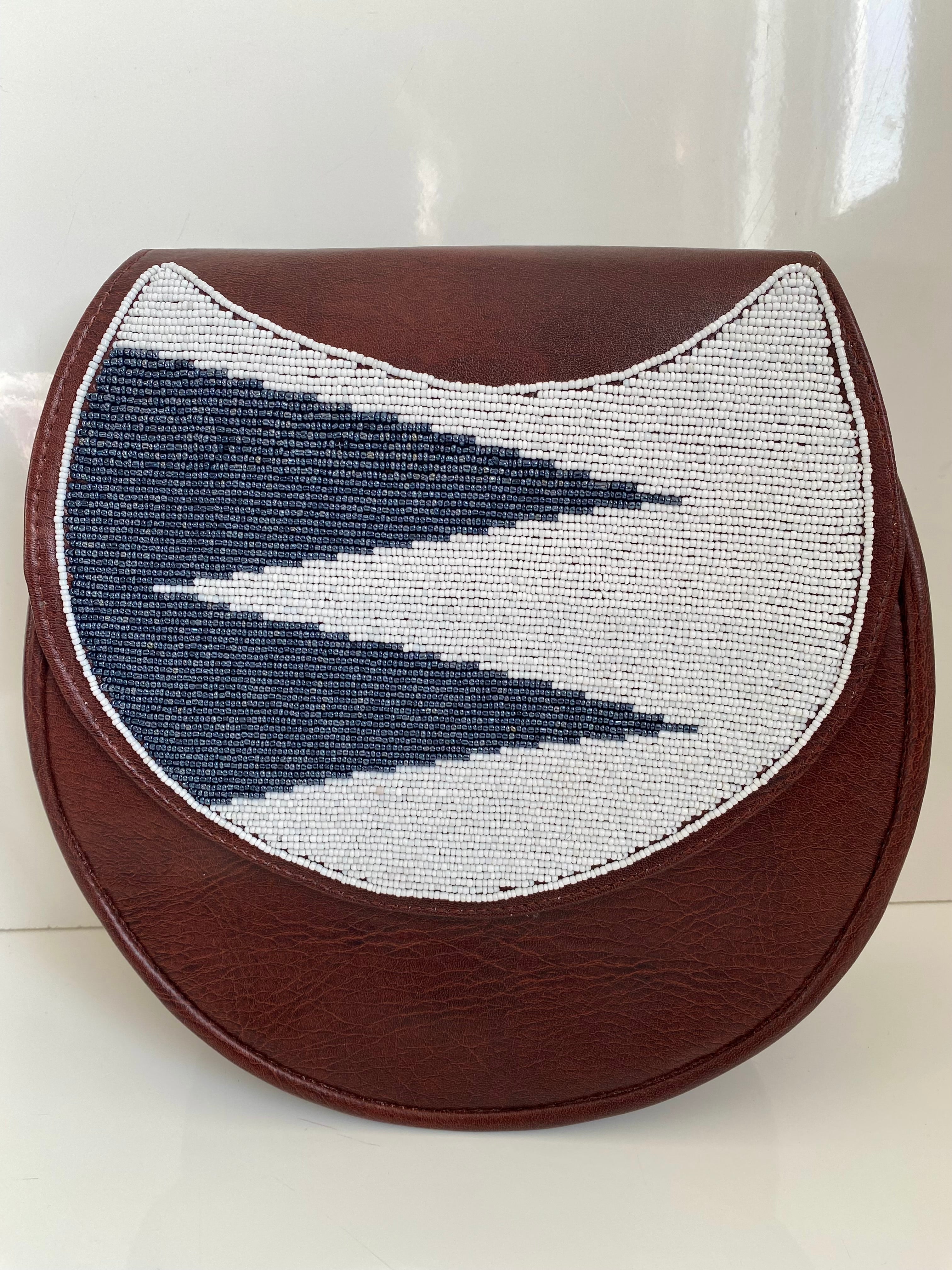 Handcrafted Brown Leather Crossbody Bag with Beaded Flap