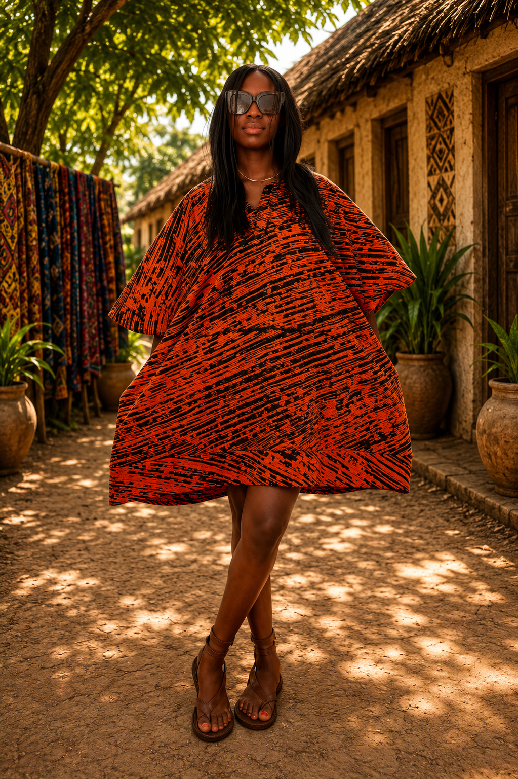 African Tie-Dye Kaftan Dress – Orange & Black | Afrocraft Sweden