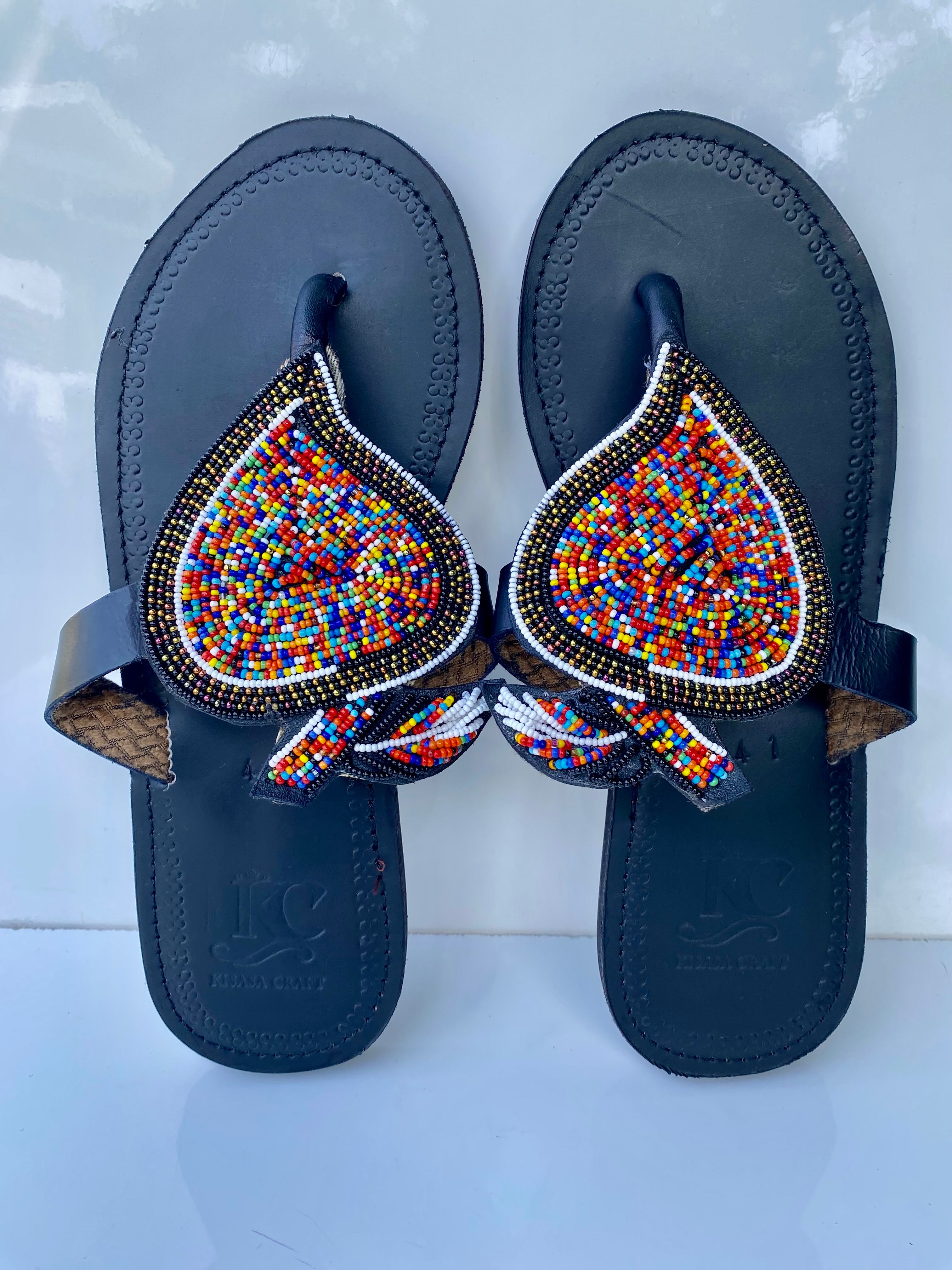 Handmade Maasai Beaded Leather Sandals – Multicolor Shield Design