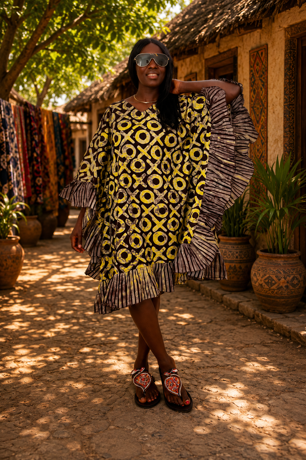 Yellow Ruffle Ankara Kaftan Dress