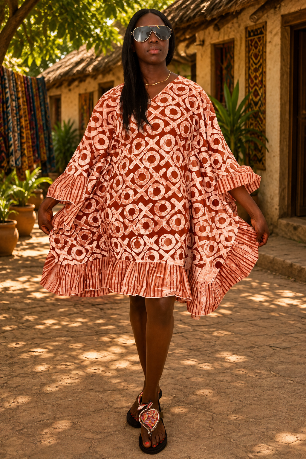 Elegant Ankara Ruffle Dress – Terracotta Pattern