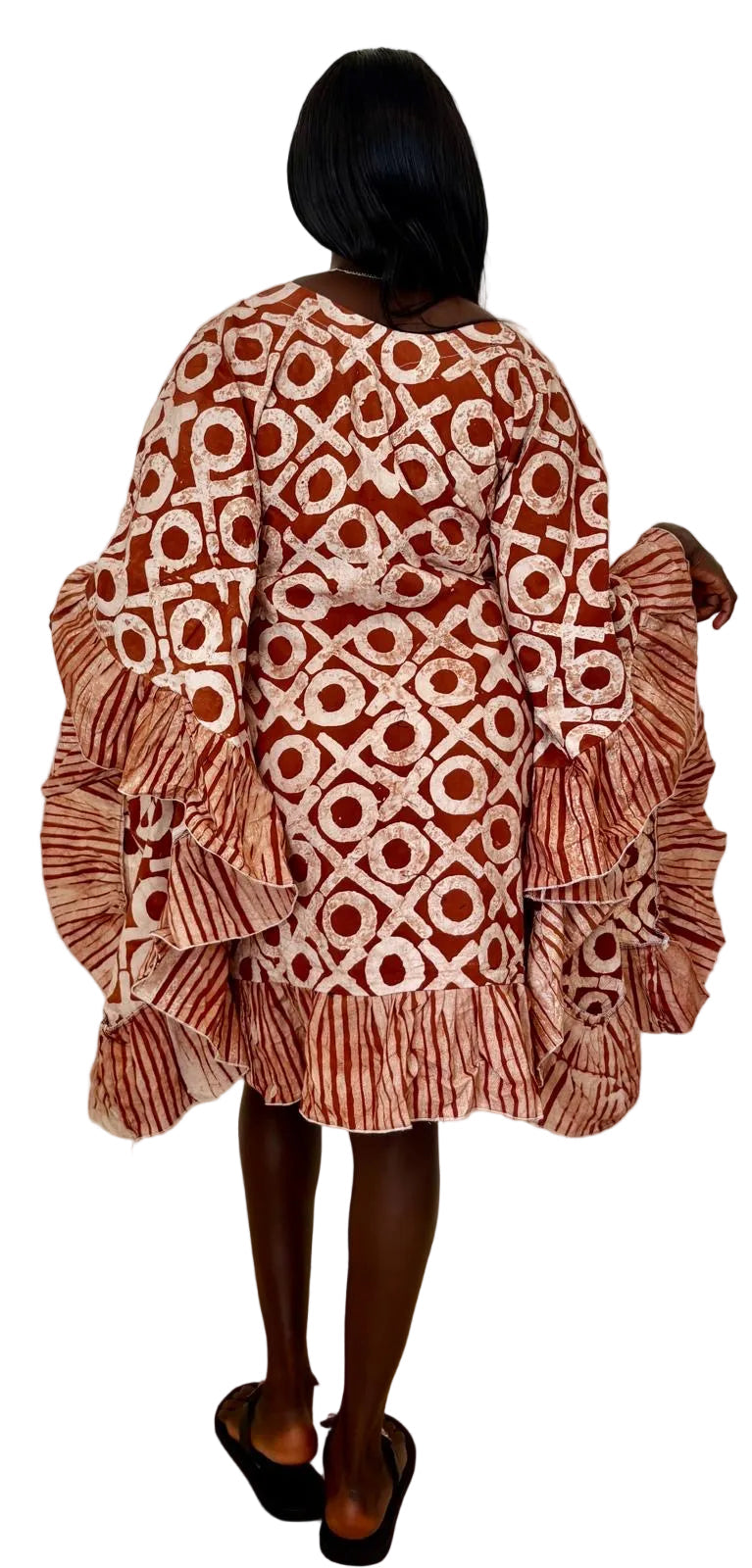 Elegant Ankara Ruffle Dress – Terracotta Pattern